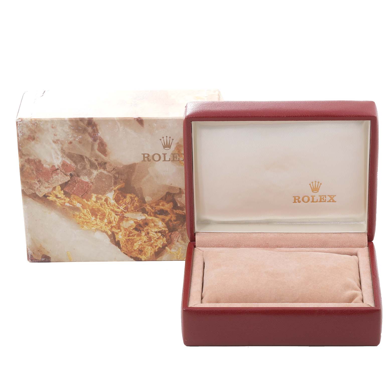 The image shows an empty Rolex Datejust 69173 Women's Steel and Gold (two tone) White Dial 69173 Women's Steel and Gold (two tone) White Dial watch box and outer packaging from a front angle.