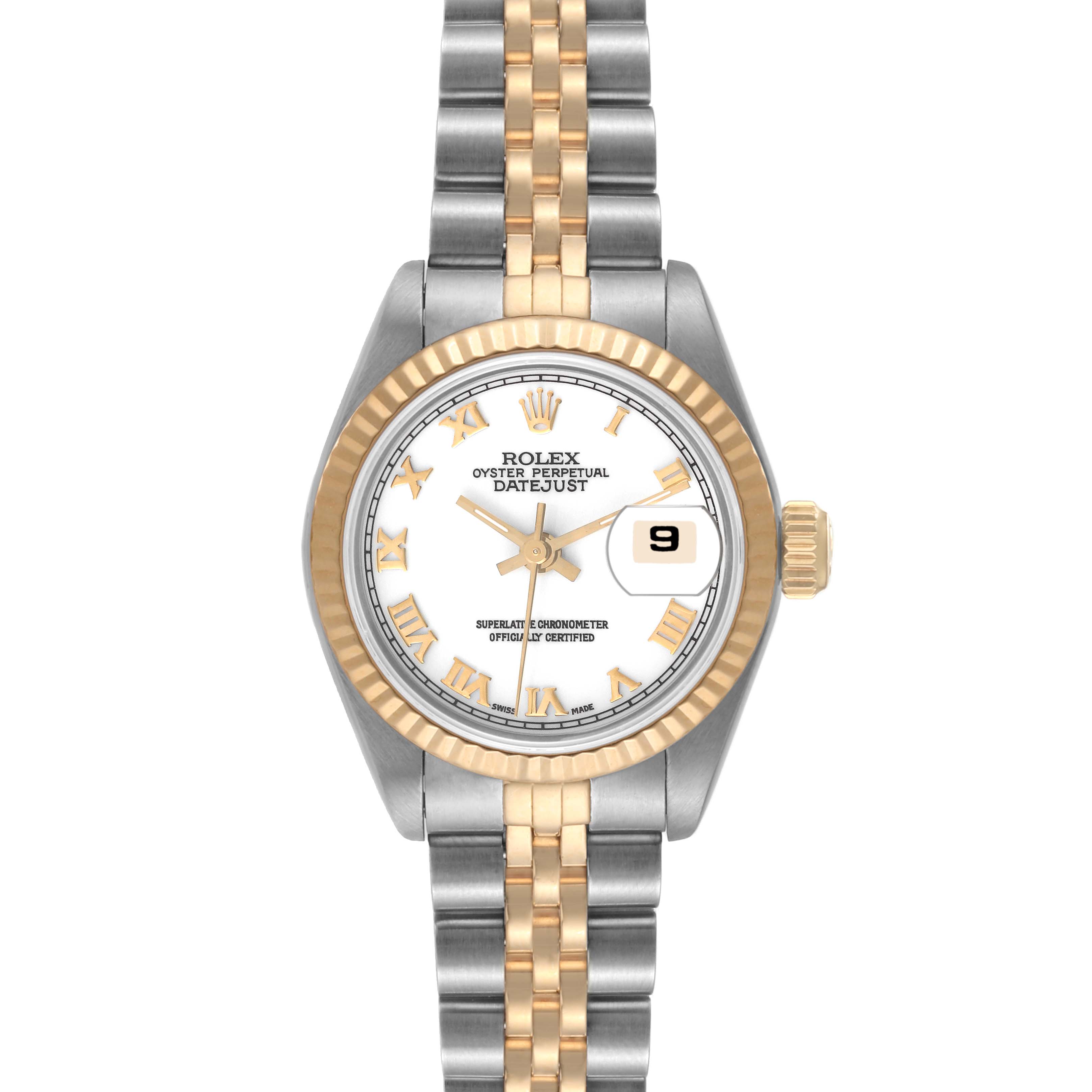 This image shows a front view of a Rolex Datejust 69173 Women's Steel and Gold (two tone) White Dial 69173 Women's Steel and Gold (two tone) White Dial model, featuring its dial, bezel, crown, and bracelet.