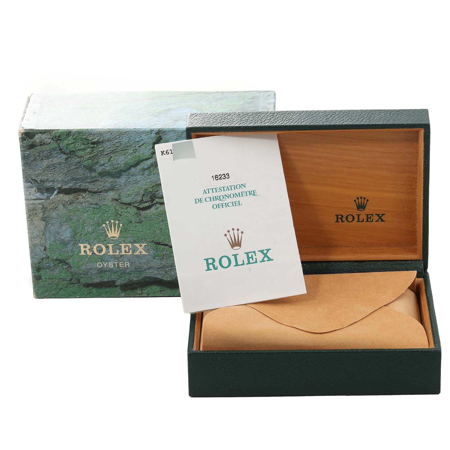 This image shows an open Rolex Datejust 16233 Men's Steel and Gold (two tone) White Dial 16233 Men's Steel and Gold (two tone) White Dial box with its certification document visible, and the outer packaging beside it.