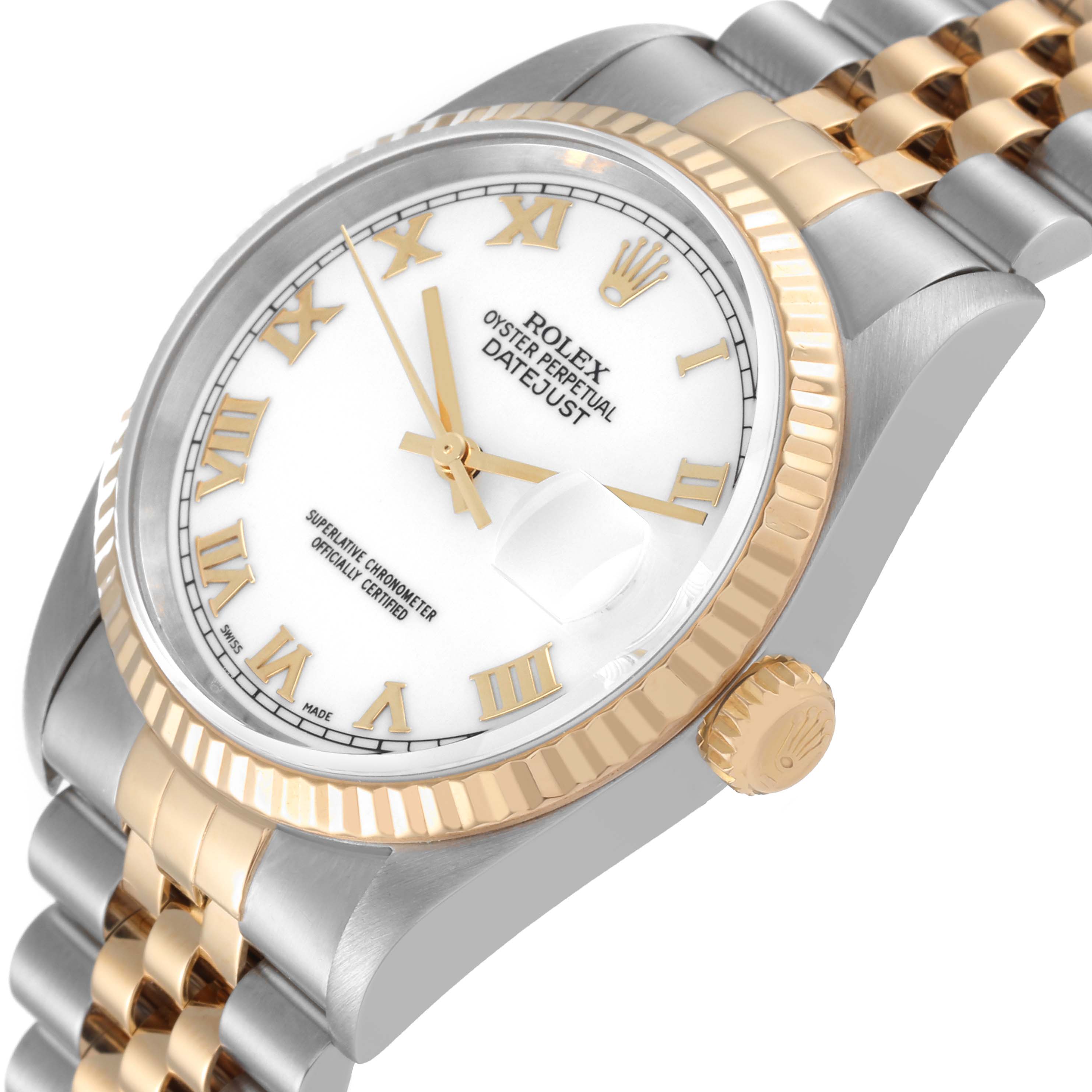 This image shows a close-up angle of the Rolex Datejust 16233 Men's Steel and Gold (two tone) White Dial 16233 Men's Steel and Gold (two tone) White Dial watch featuring the dial, bezel, crown, and part of the bracelet.