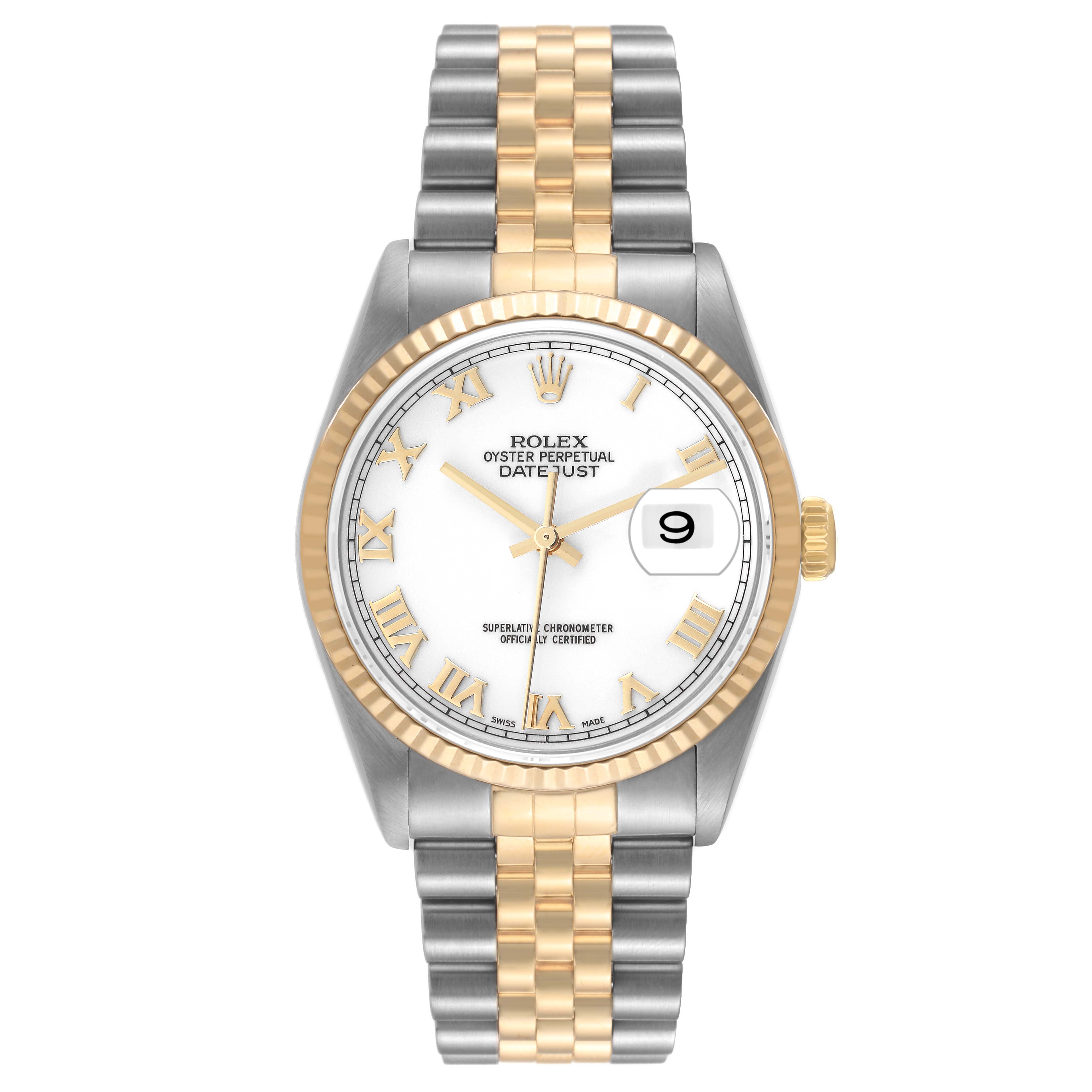 This image shows a Rolex Datejust 16233 Men's Steel and Gold (two tone) White Dial 16233 Men's Steel and Gold (two tone) White Dial watch from a front view, highlighting its two-tone bracelet, white dial, date display, and fluted bezel.