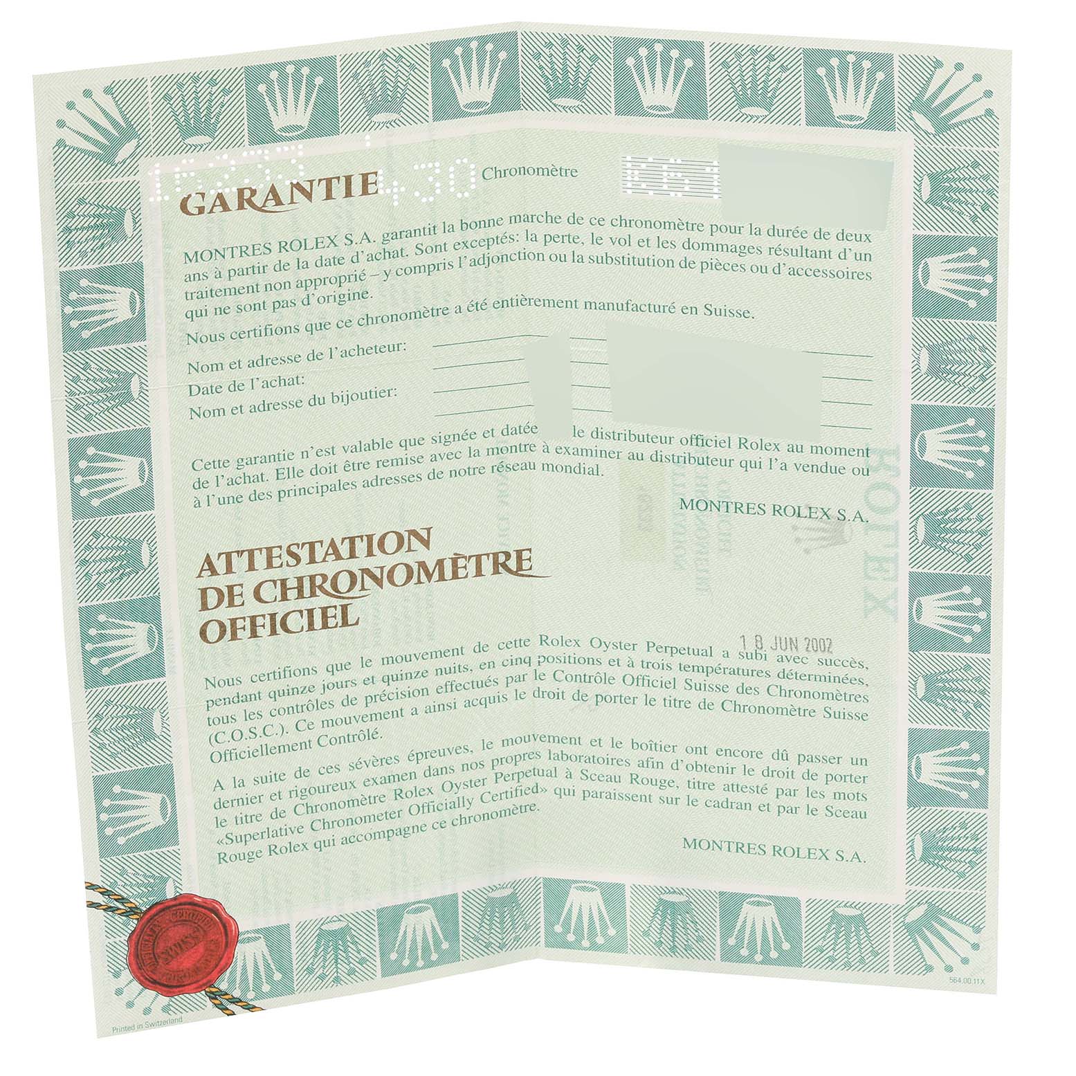 This image shows the warranty and official chronometer certificate for the Rolex Datejust 16233 Men's Steel and Gold (two tone) White Dial 16233 Men's Steel and Gold (two tone) White Dial model.