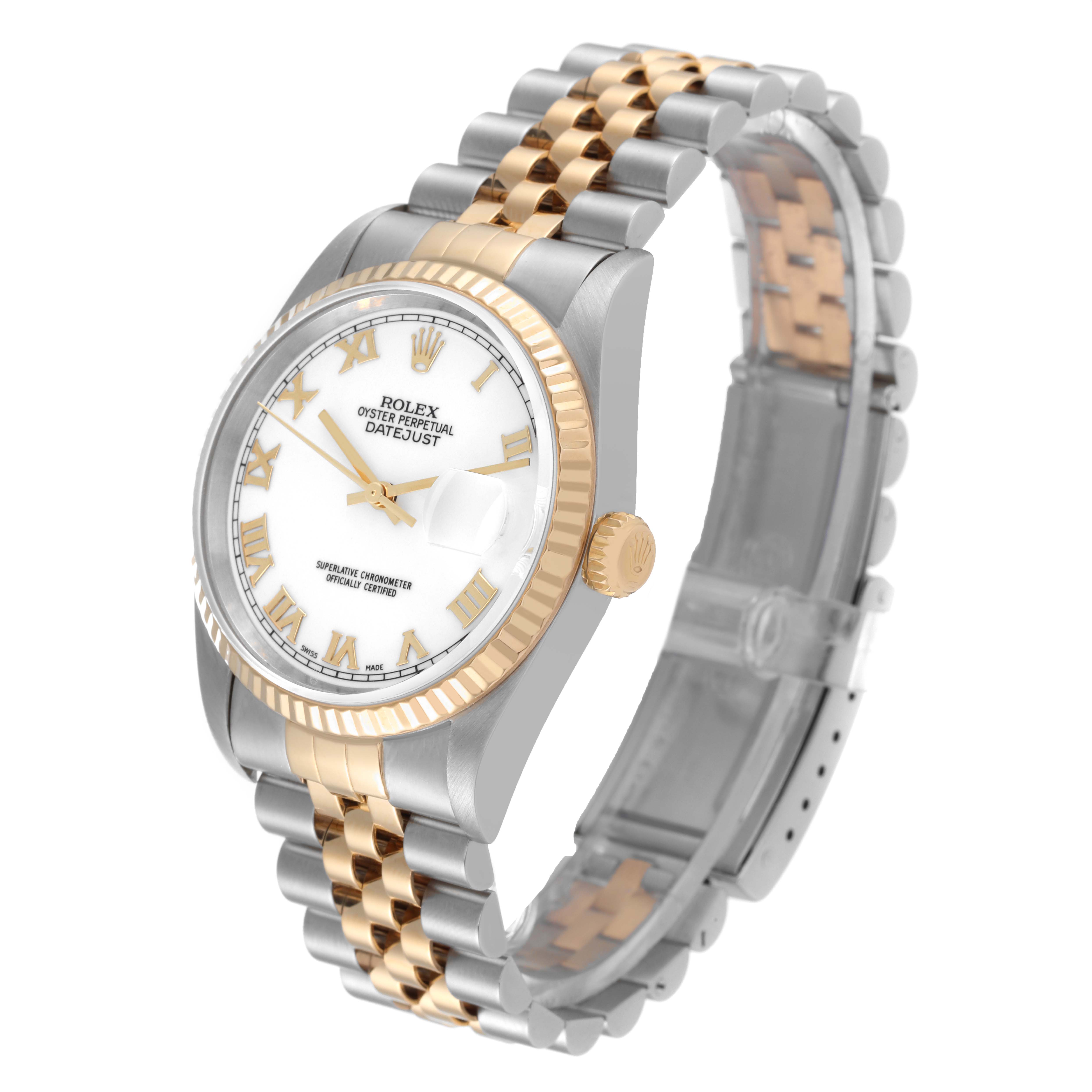 This image shows a Rolex Datejust 16233 Men's Steel and Gold (two tone) White Dial 16233 Men's Steel and Gold (two tone) White Dial watch at a three-quarter angle, featuring its dial, bezel, and two-tone bracelet.