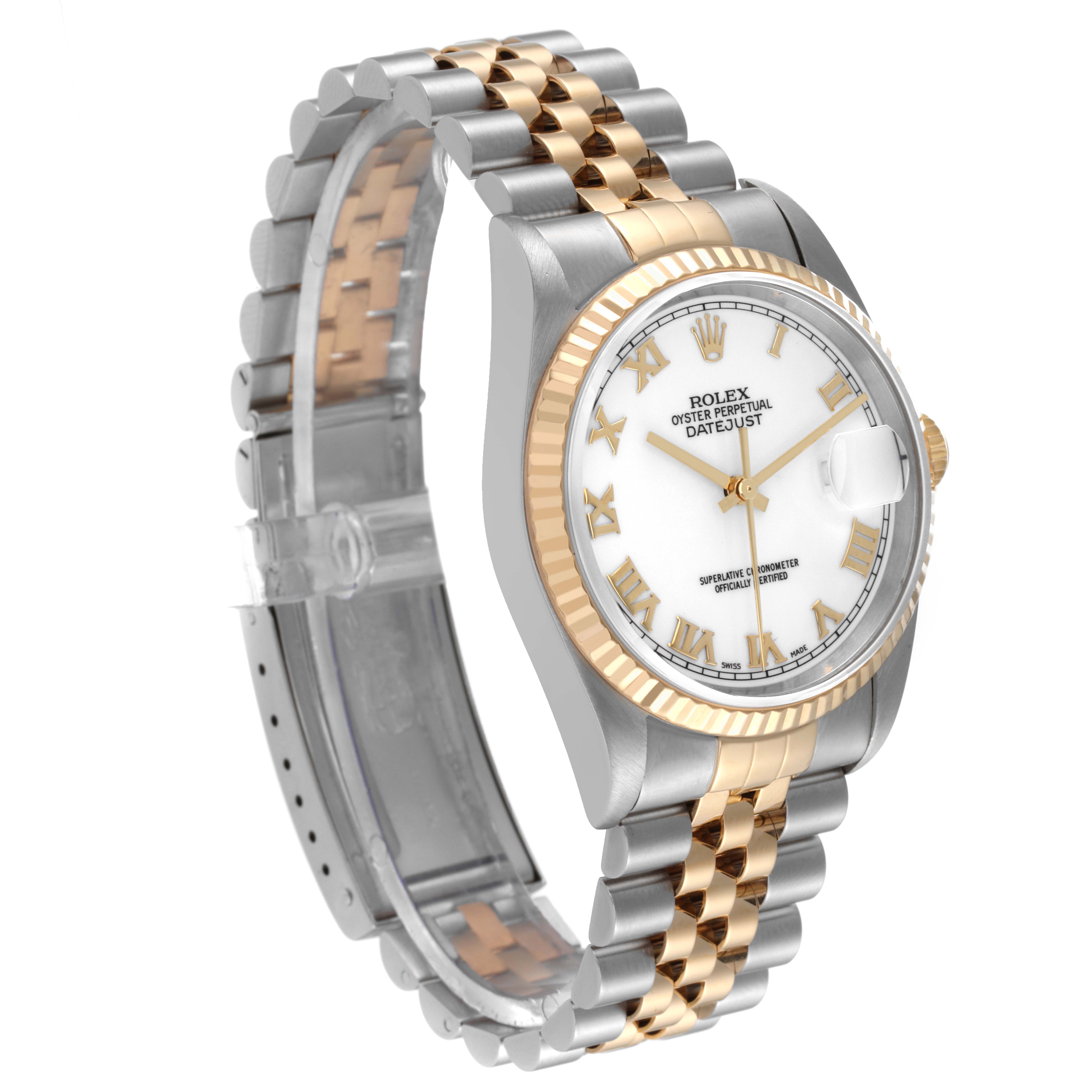 The Rolex Datejust 16233 Men's Steel and Gold (two tone) White Dial 16233 Men's Steel and Gold (two tone) White Dial watch is shown at a slight side angle, displaying its bezel, dial, bracelet, and case.