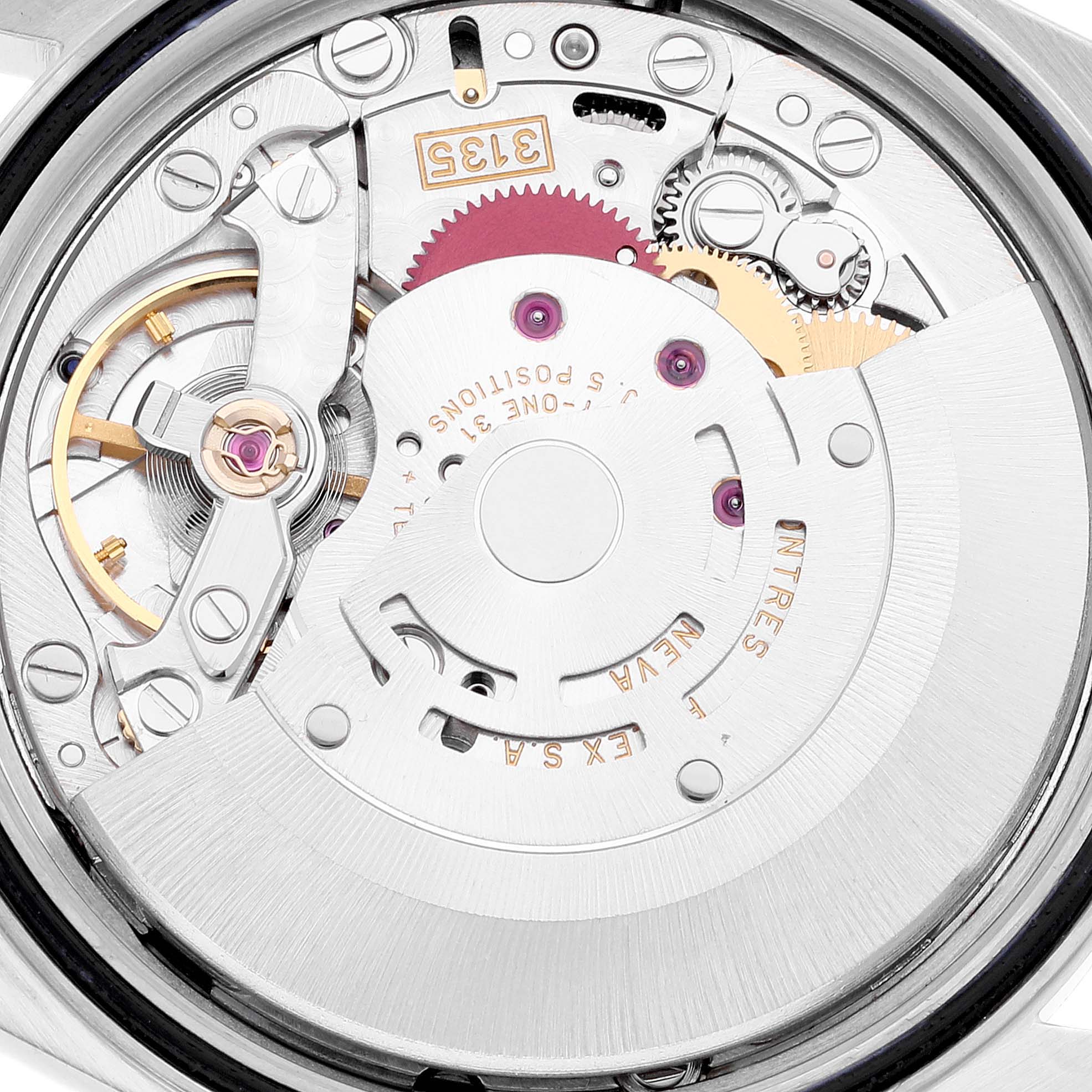This image shows the movement mechanism of a Rolex Datejust 16233 Men's Steel and Gold (two tone) White Dial 16233 Men's Steel and Gold (two tone) White Dial watch from a close-up angle.