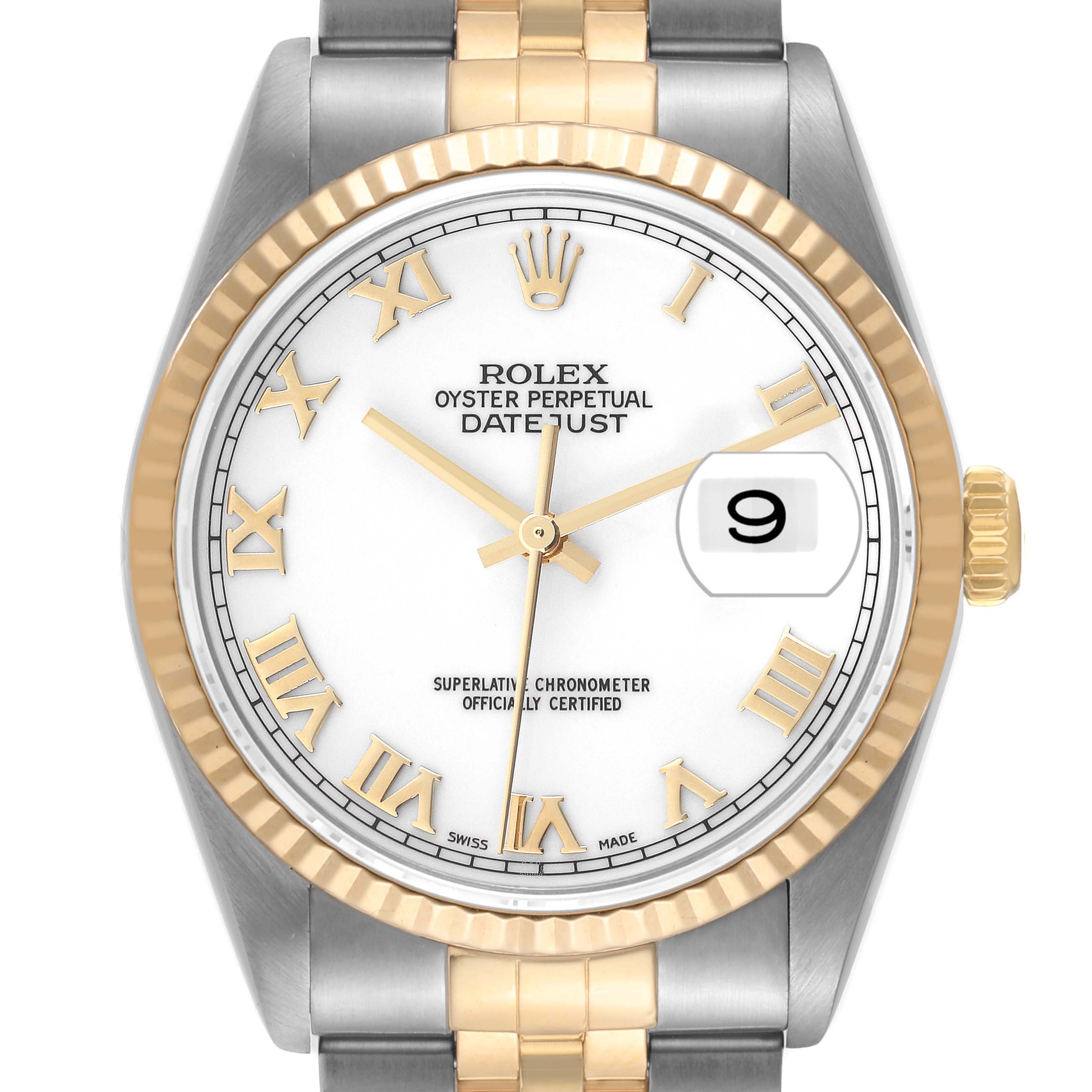 The image shows a front view of a Rolex Datejust 16233 Men's Steel and Gold (two tone) White Dial 16233 Men's Steel and Gold (two tone) White Dial watch, highlighting its white dial, gold Roman numerals, and two-tone bracelet.