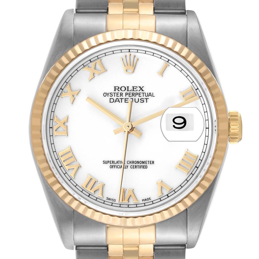 Rolex Datejust Steel Yellow Gold White Roman Dial Mens Watch 16233 Box Papers SwissWatchExpo