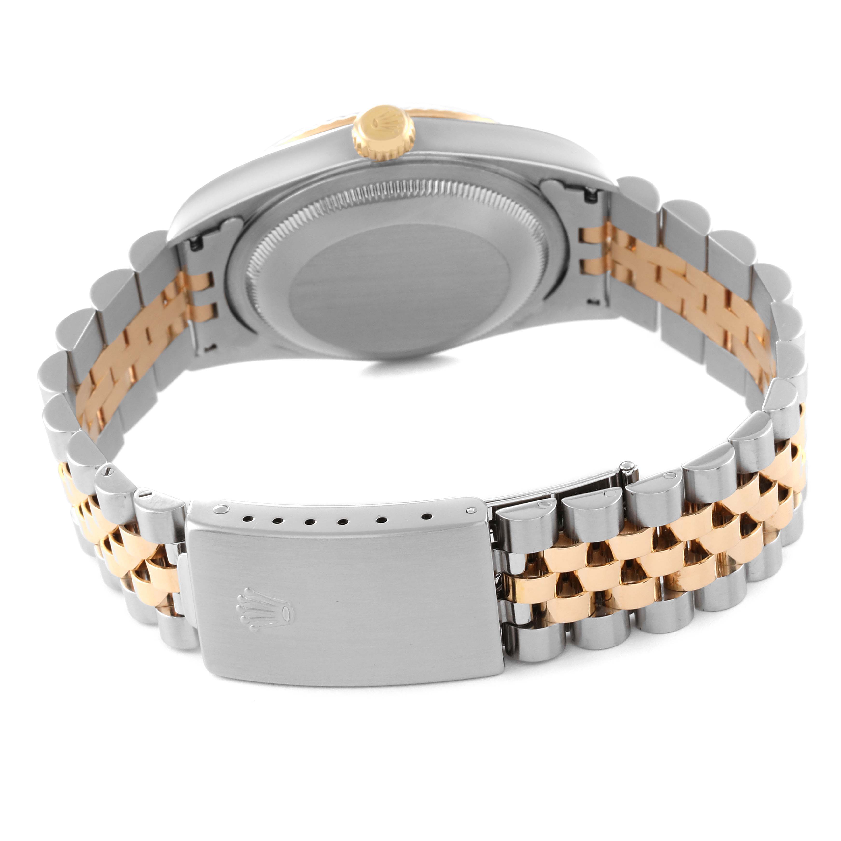 The image shows the back view of a Rolex Datejust 16233 Men's Steel and Gold (two tone) White Dial 16233 Men's Steel and Gold (two tone) White Dial watch, displaying its clasp, bracelet, and caseback.