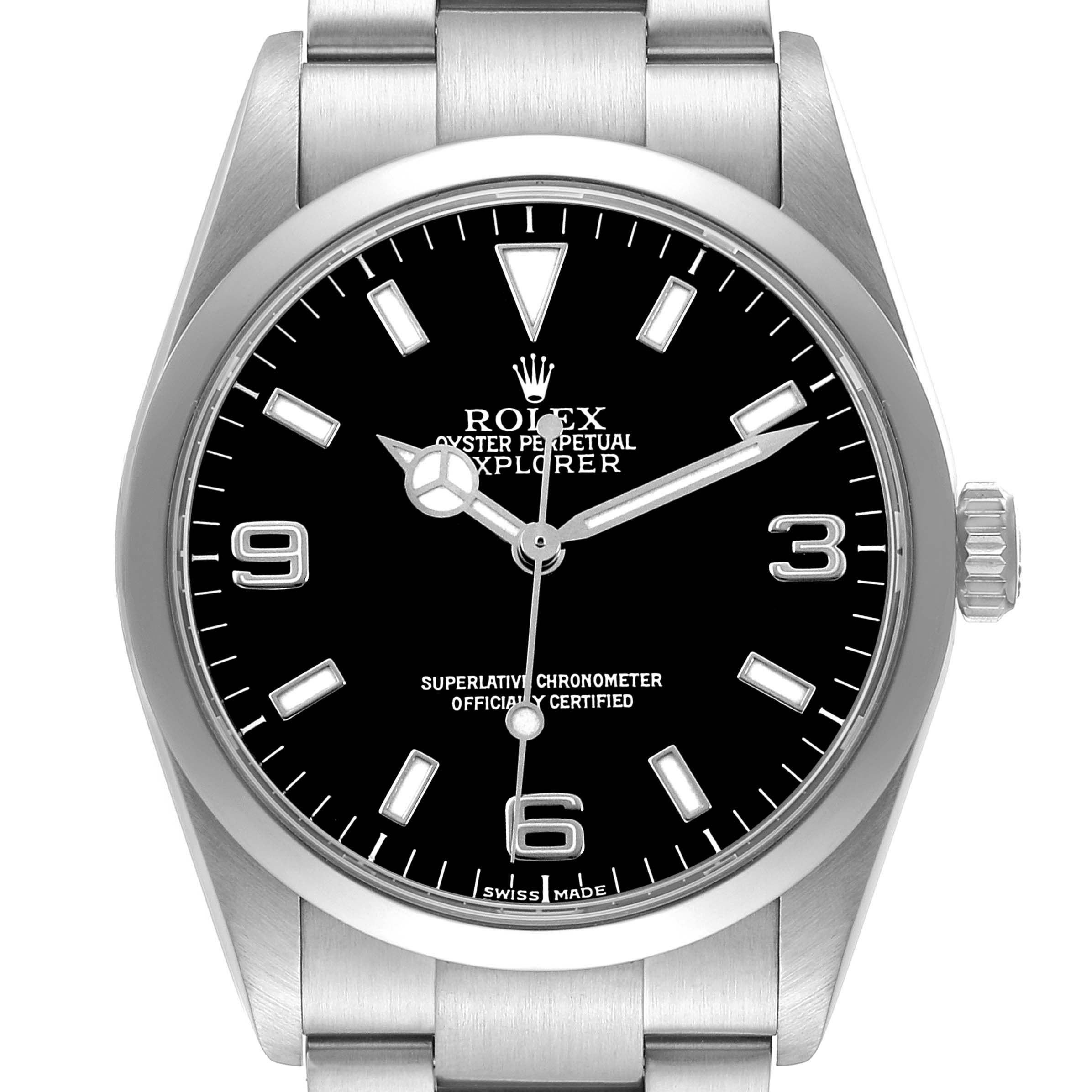 The Rolex Explorer 114270 Men's Stainless Steel Black Dial watch is shown from the front, displaying the face, bezel, and part of the bracelet.