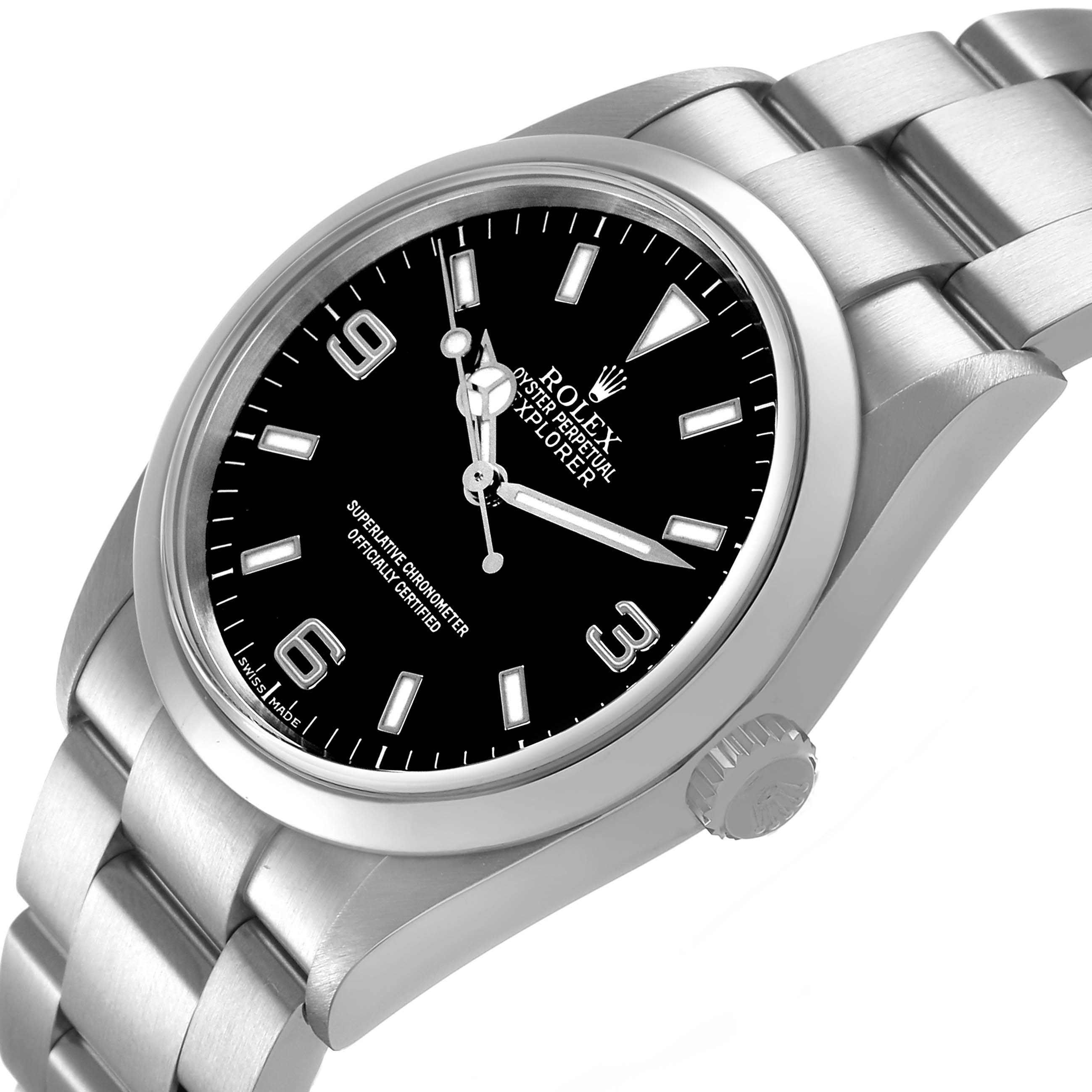 The Rolex Explorer 114270 Men's Stainless Steel Black Dial watch is shown from an angled side view, highlighting the dial, bezel, crown, and part of the bracelet.