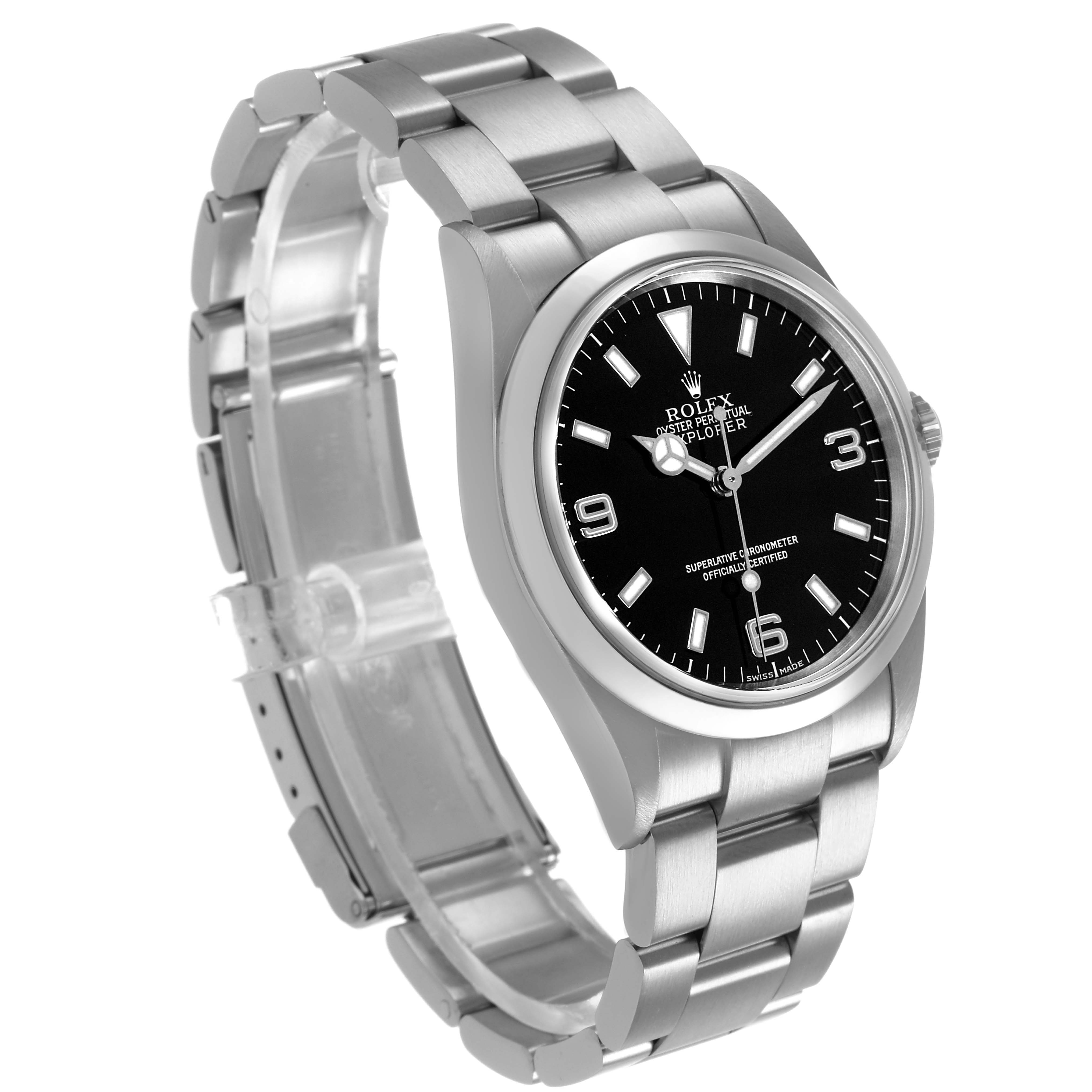 The Rolex Explorer 114270 Men's Stainless Steel Black Dial watch is shown at a three-quarter angle, revealing its stainless steel case, black dial, and bracelet.