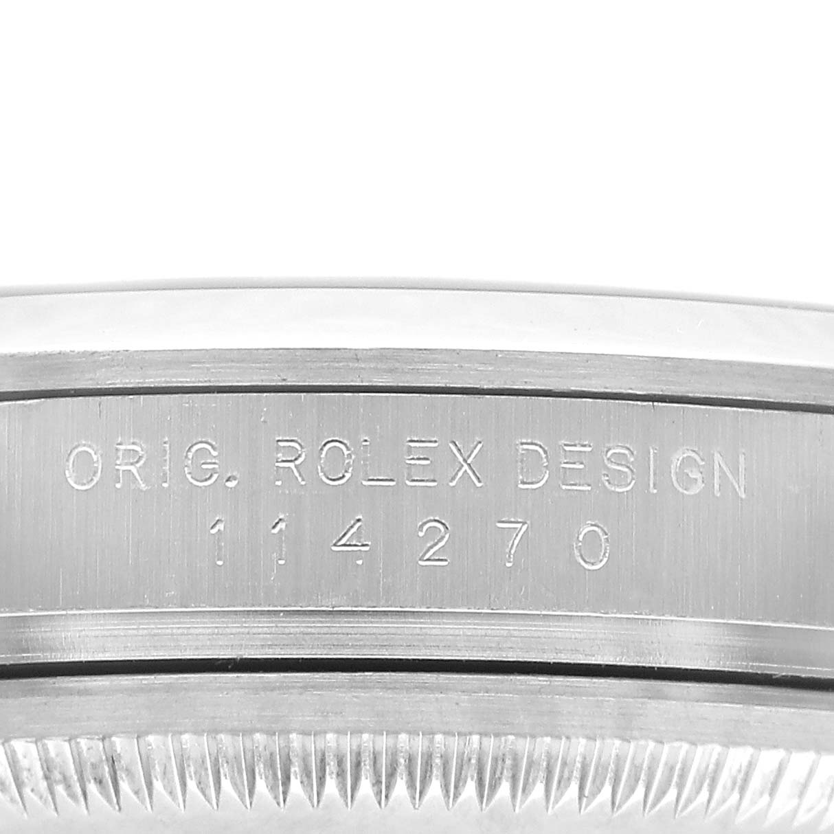The image shows a close-up of the side, engraved with "Orig. Rolex Design 114270" on the Rolex Explorer 114270 Men's Stainless Steel Black Dial watch.