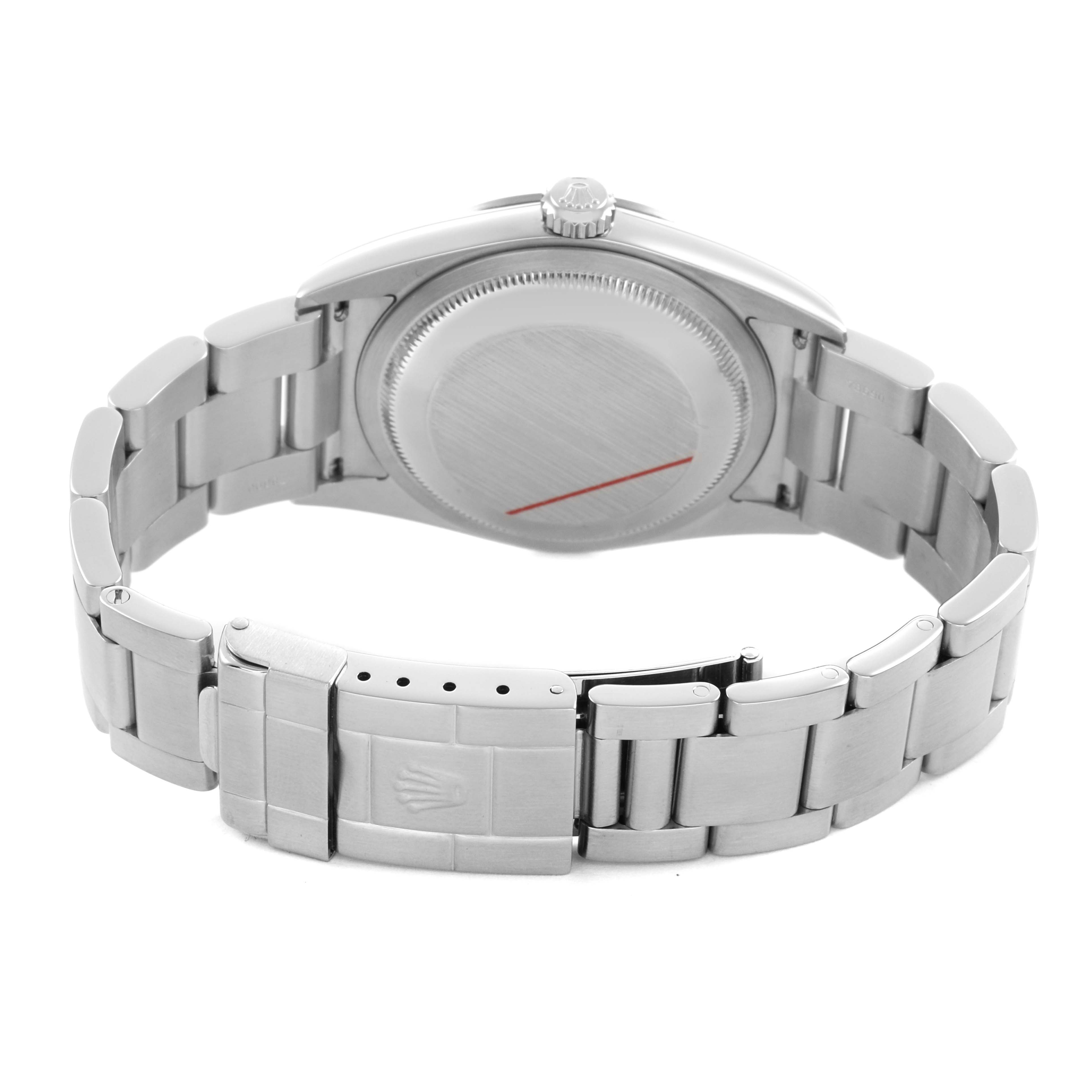 The image shows the back and bracelet of a Rolex Explorer 114270 Men's Stainless Steel Black Dial watch, including the clasp and case back.