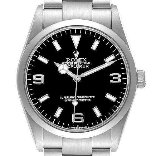 The image shows a frontal view of the Rolex Explorer 114270 Mens Stainless Steel Black Dial watch, highlighting the dial, bezel, and part of the bracelet.