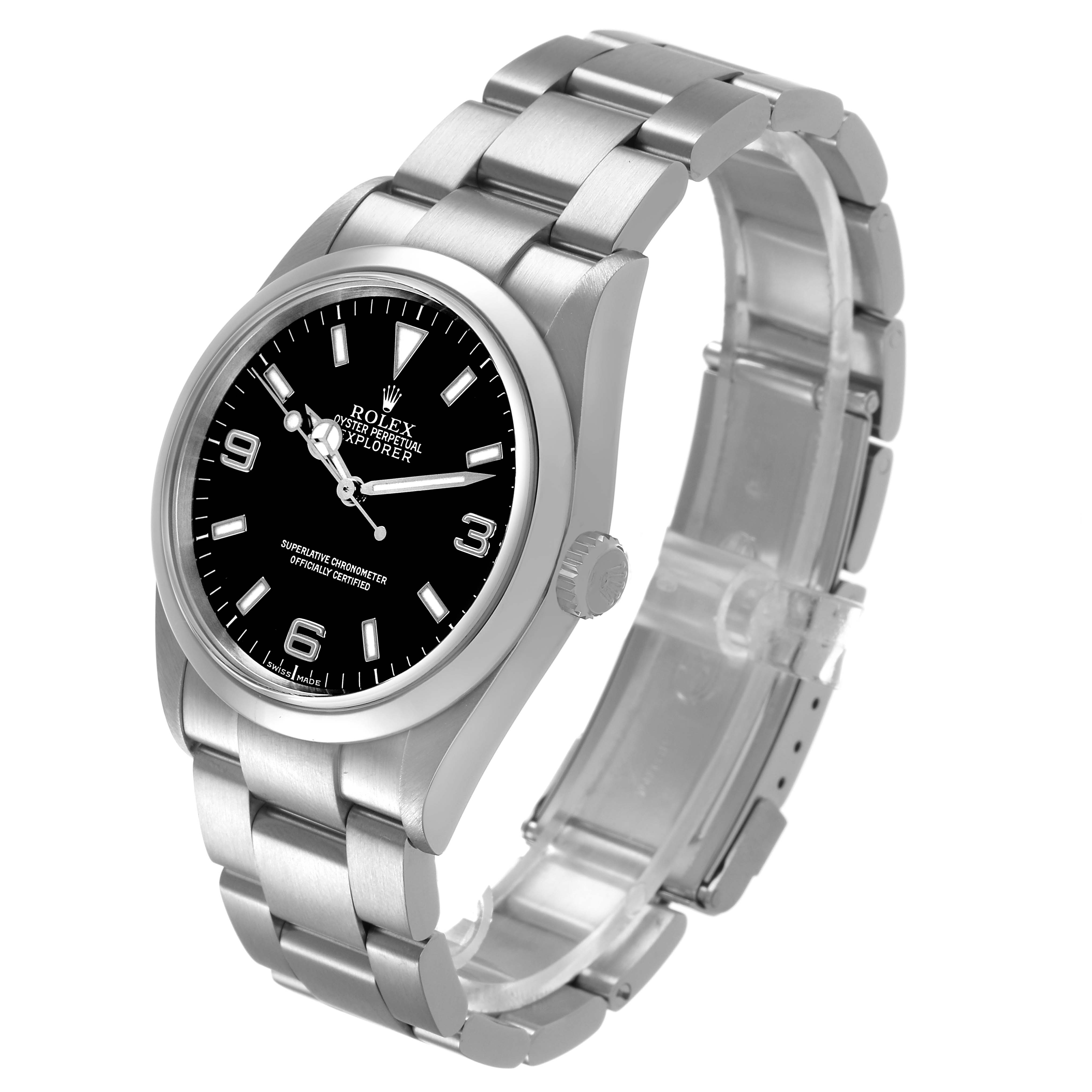 The Rolex Explorer 114270 Men's Stainless Steel Black Dial watch is shown at a three-quarter angle, displaying the face, bezel, crown, and bracelet.