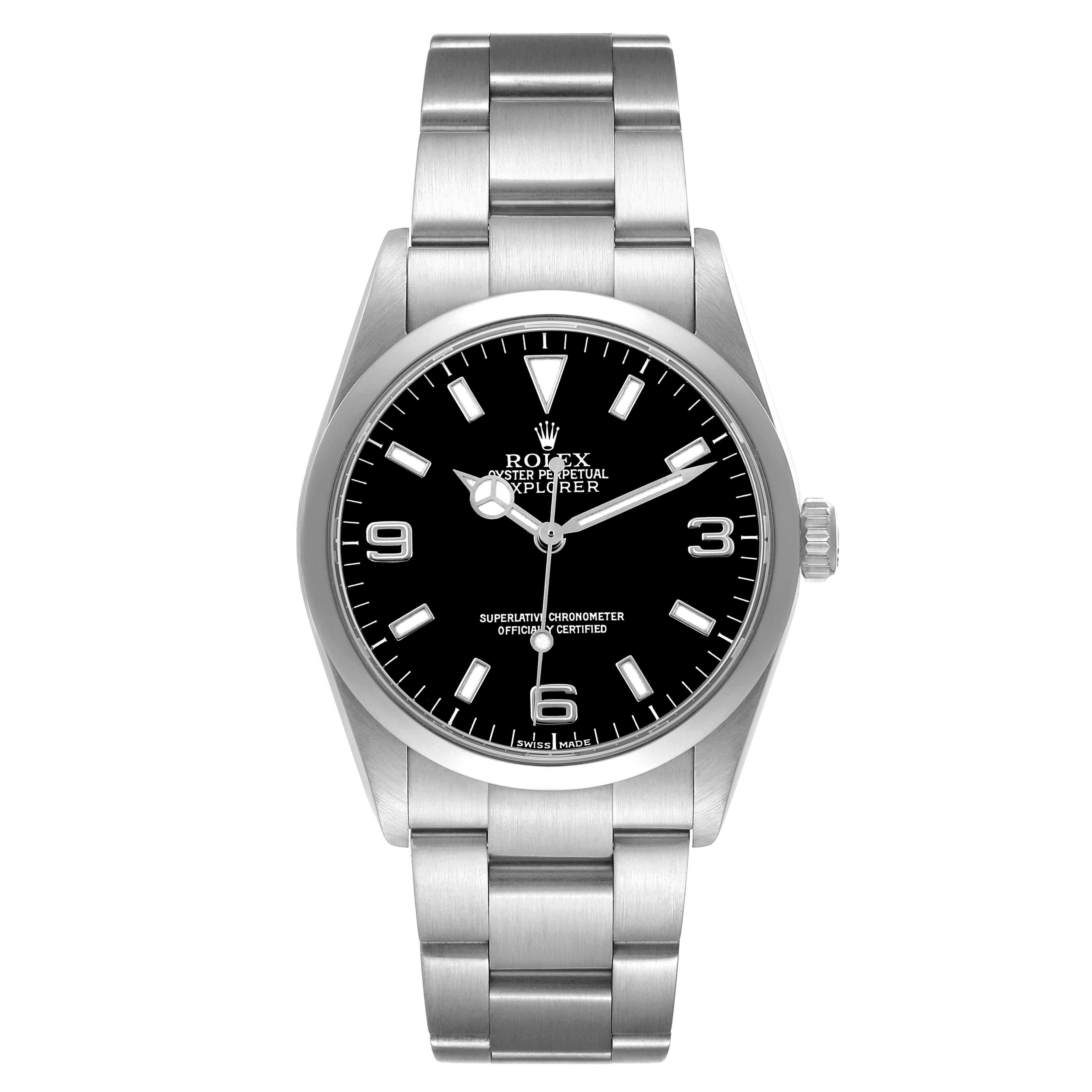 The Rolex Explorer 114270 Men's Stainless Steel Black Dial watch is shown from the front, displaying the dial, bezel, and full bracelet.