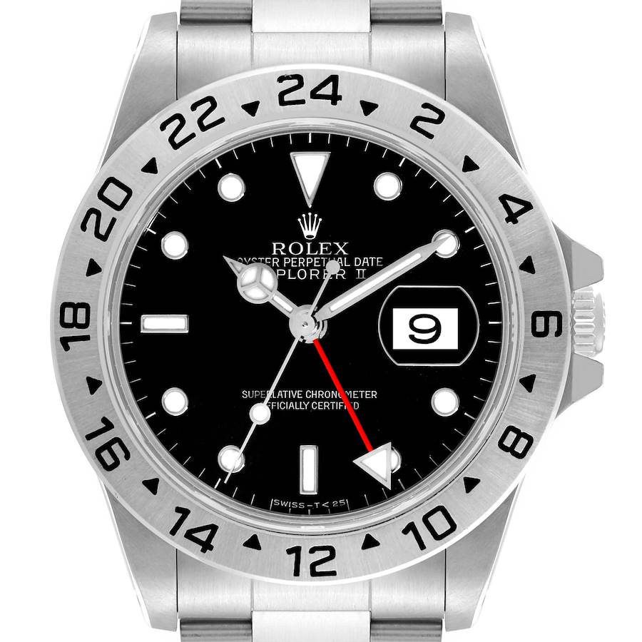 The image shows a front view of a Rolex Explorer II watch, highlighting the dial, bezel, and bracelet.