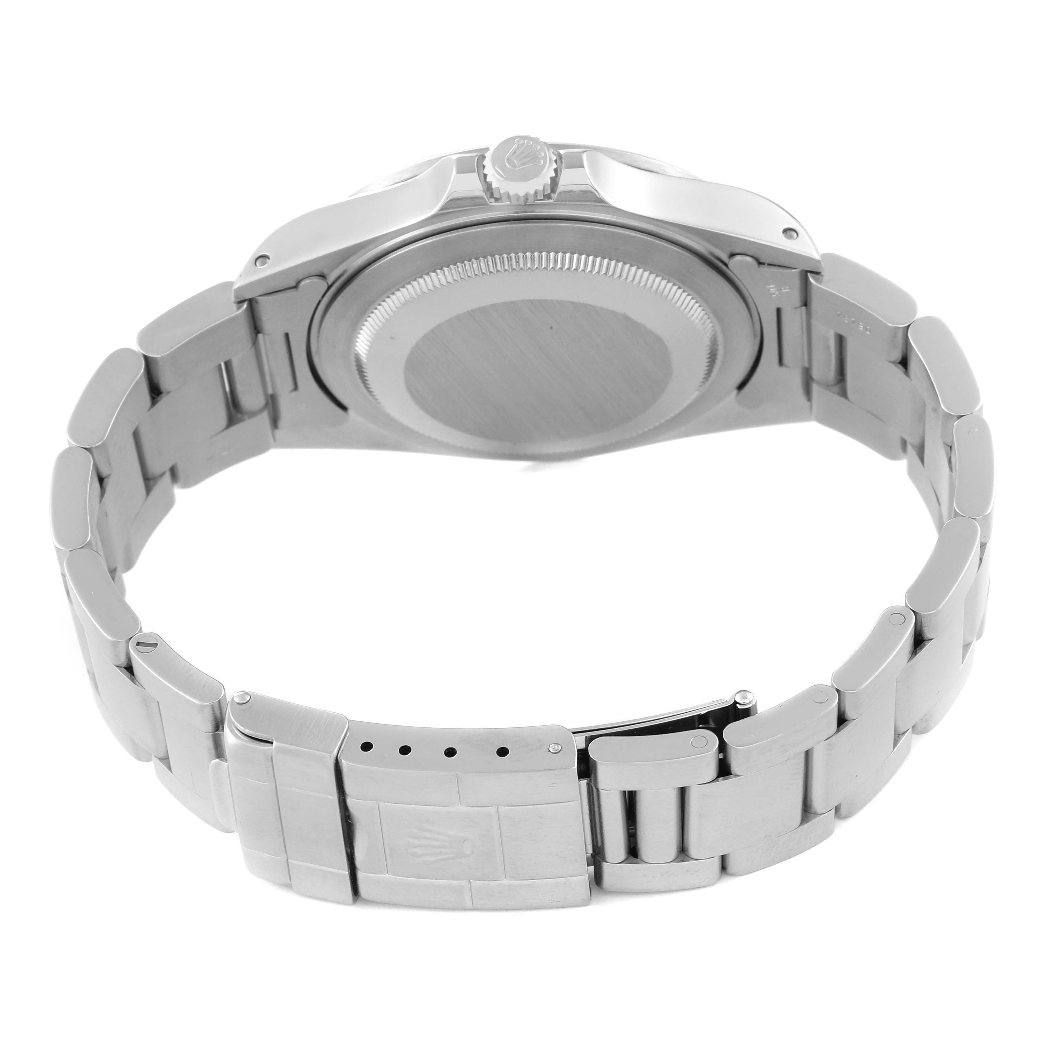 The image shows the back case and bracelet of a Rolex Explorer 16570 Men
s Stainless Steel Black Dial 16570 Men
s Stainless Steel Black Dial watch from a rear angle.