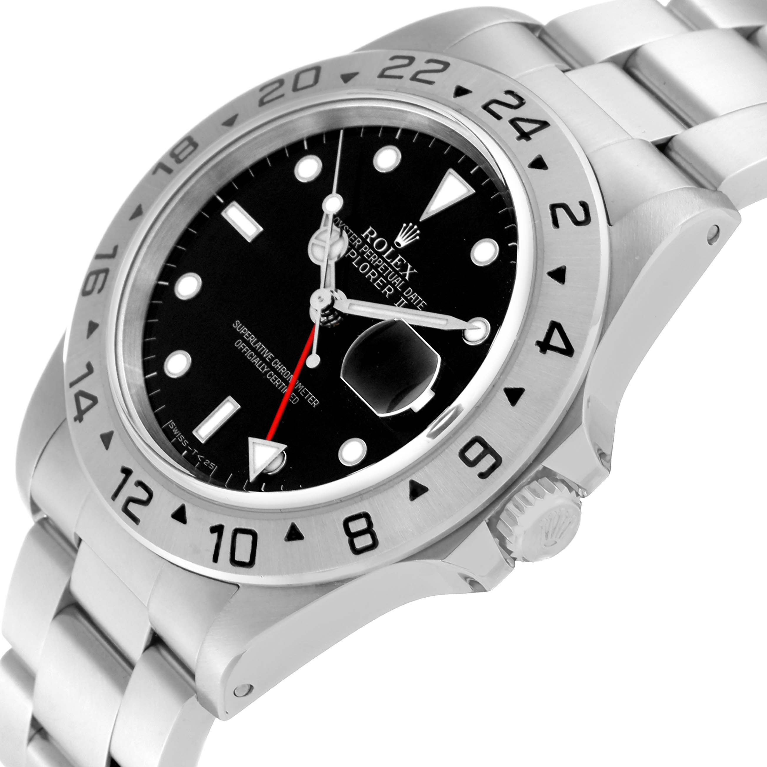 The Rolex Explorer 16570 Men
s Stainless Steel Black Dial 16570 Men
s Stainless Steel Black Dial watch is shown from a slightly tilted side angle, displaying the dial, bezel, crown, and bracelet.