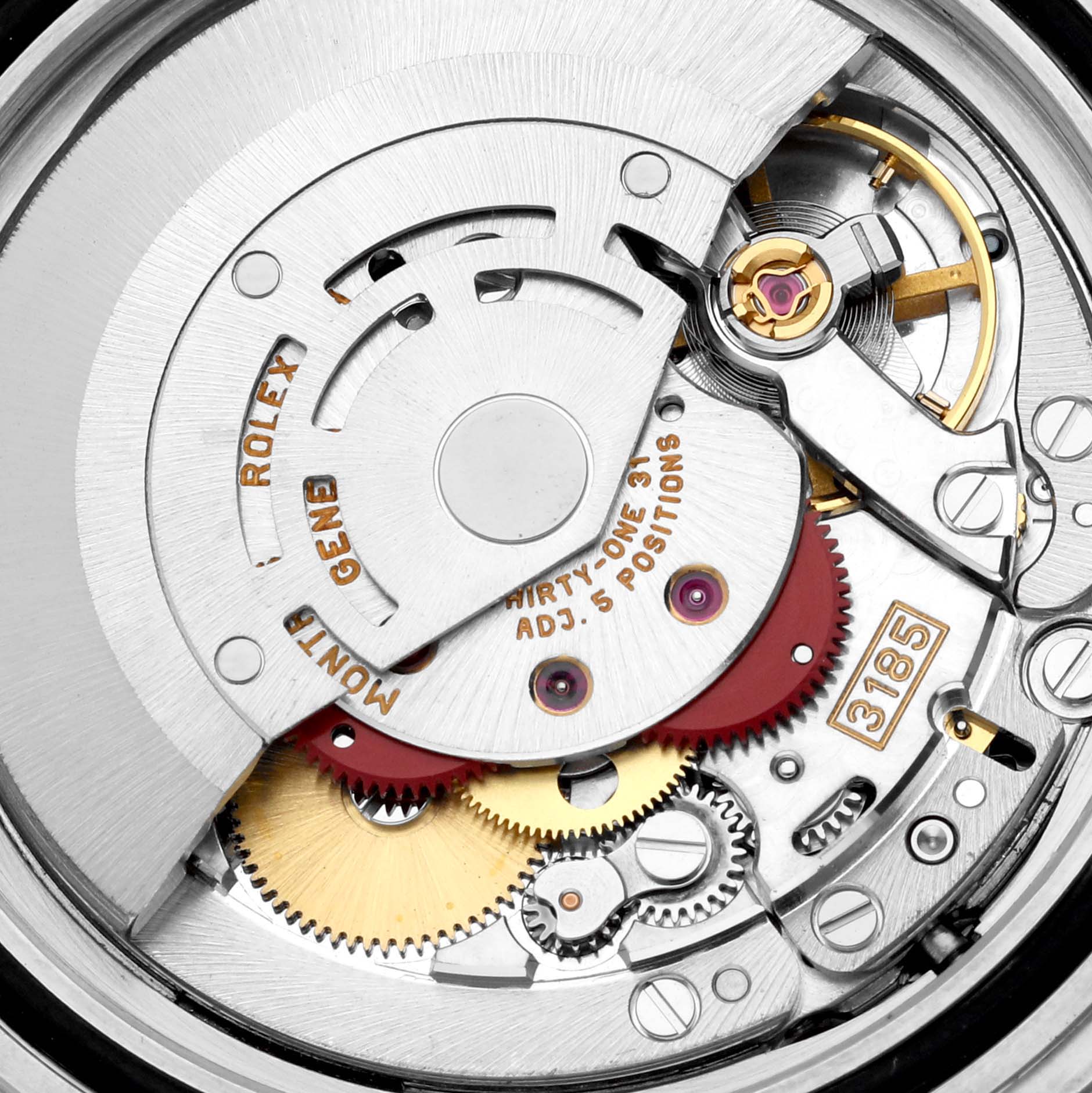 This image shows the internal mechanism and movement components of a Rolex Explorer 16570 Men
s Stainless Steel Black Dial 16570 Men
s Stainless Steel Black Dial watch, highlighting the 3185 movement.