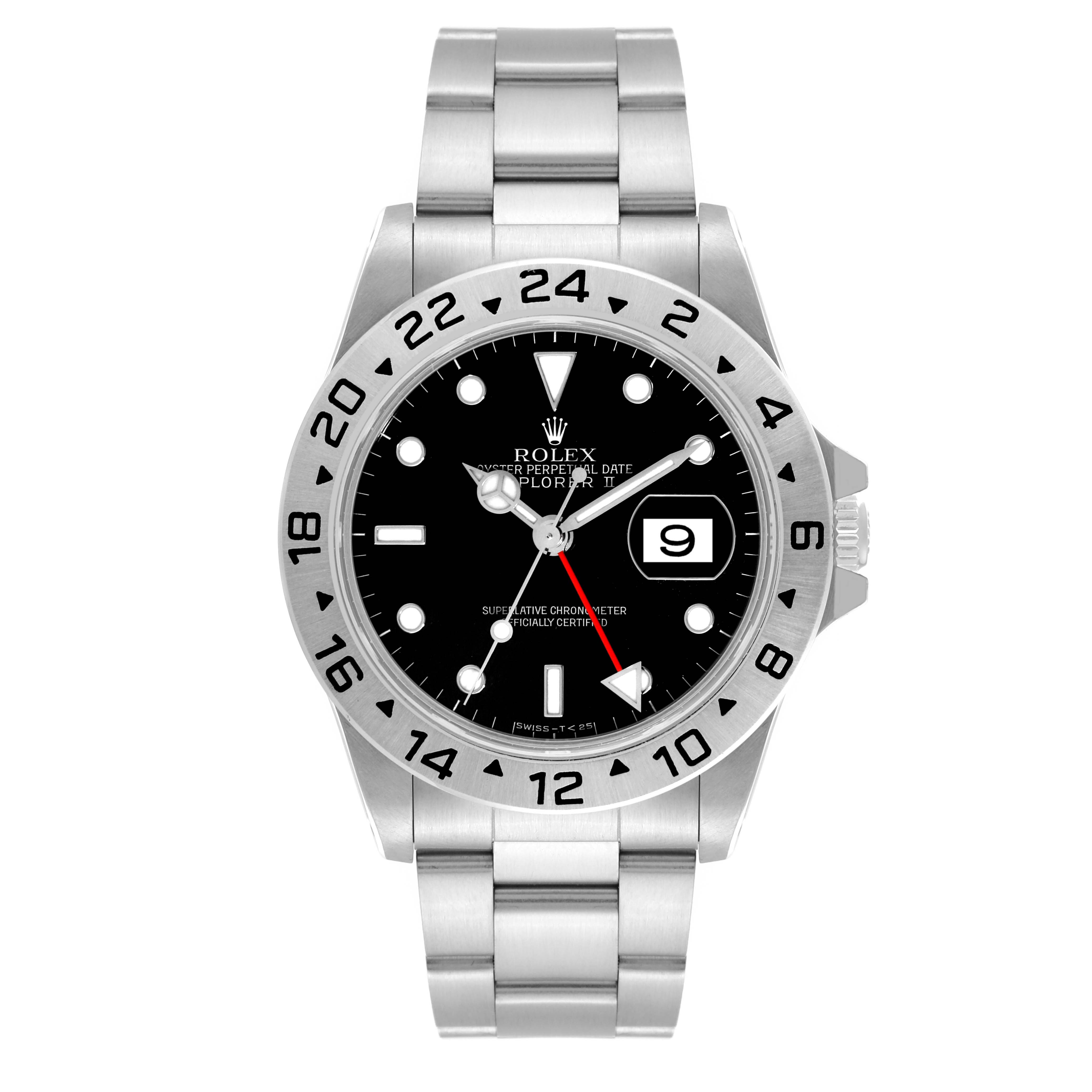 This image shows a front view of the Rolex Explorer 16570 Men
s Stainless Steel Black Dial 16570 Men
s Stainless Steel Black Dial watch, highlighting its face, bezel, and stainless steel bracelet.