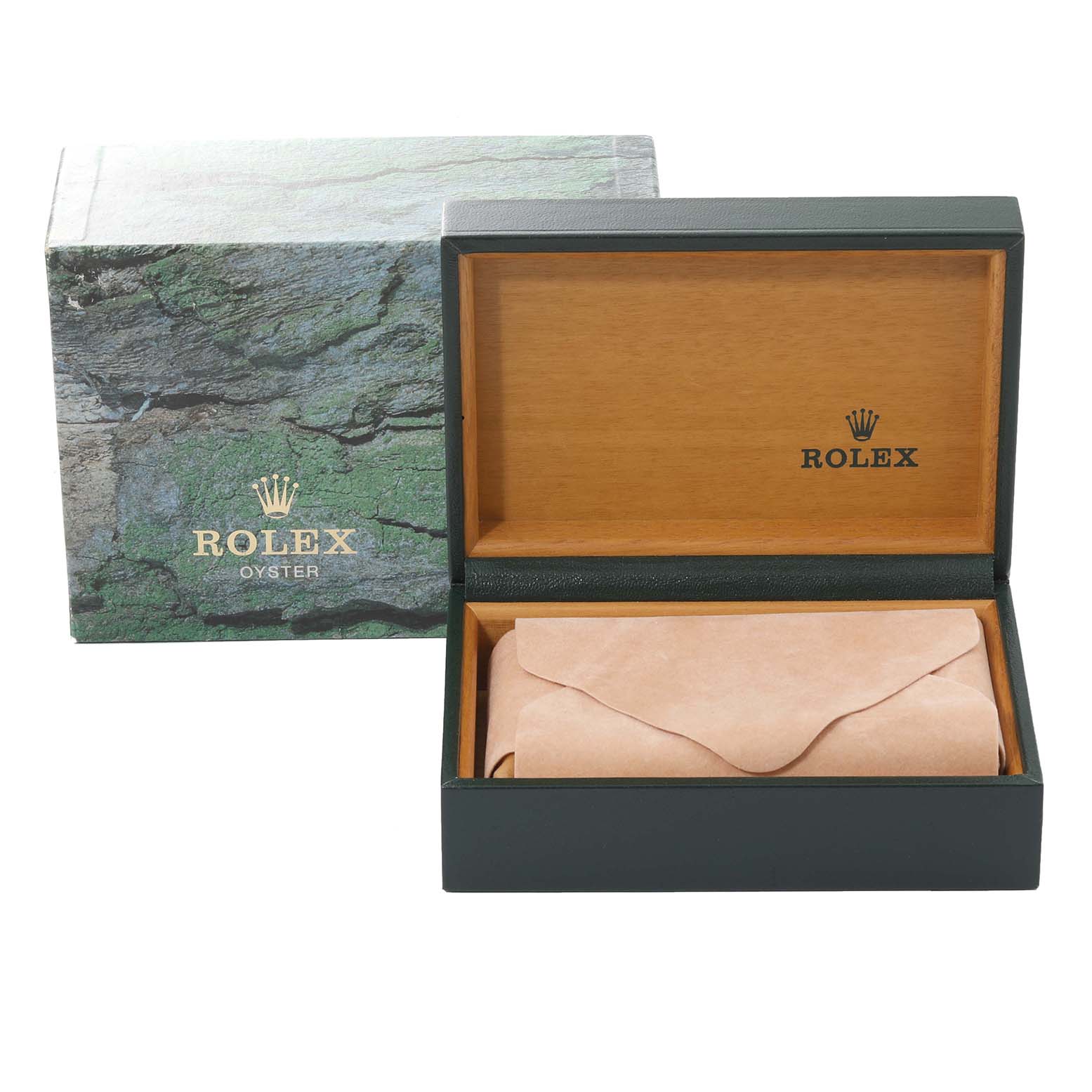 This image shows the packaging for a Rolex Explorer 16570 Men
s Stainless Steel Black Dial 16570 Men
s Stainless Steel Black Dial, featuring an open wooden box and an outer green textured box.