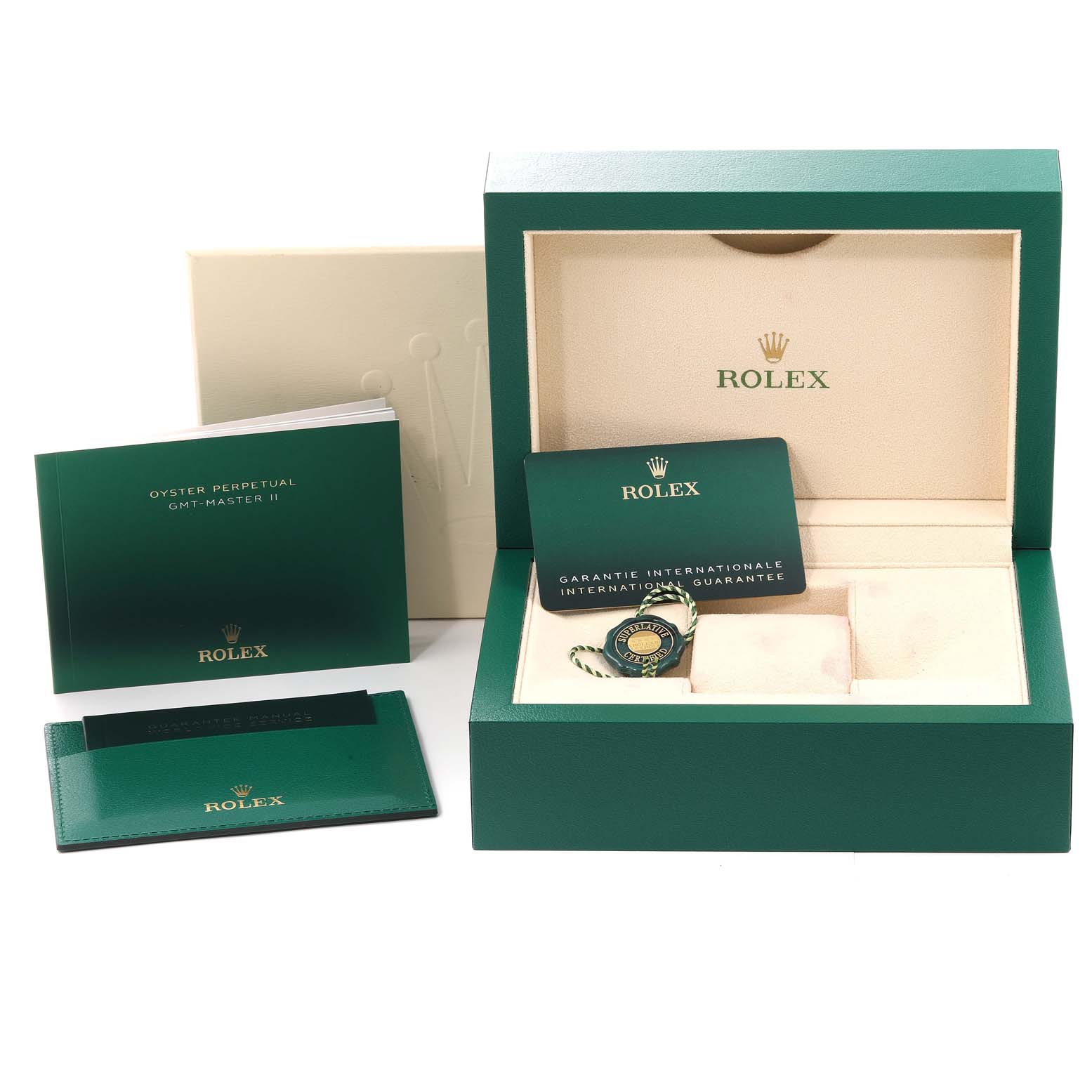 This image shows the packaging, warranty card, booklet, and tags for a Rolex GMT-Master 126710 Men
s Stainless Steel Black Dial 126710 Men
s Stainless Steel Black Dial II watch.