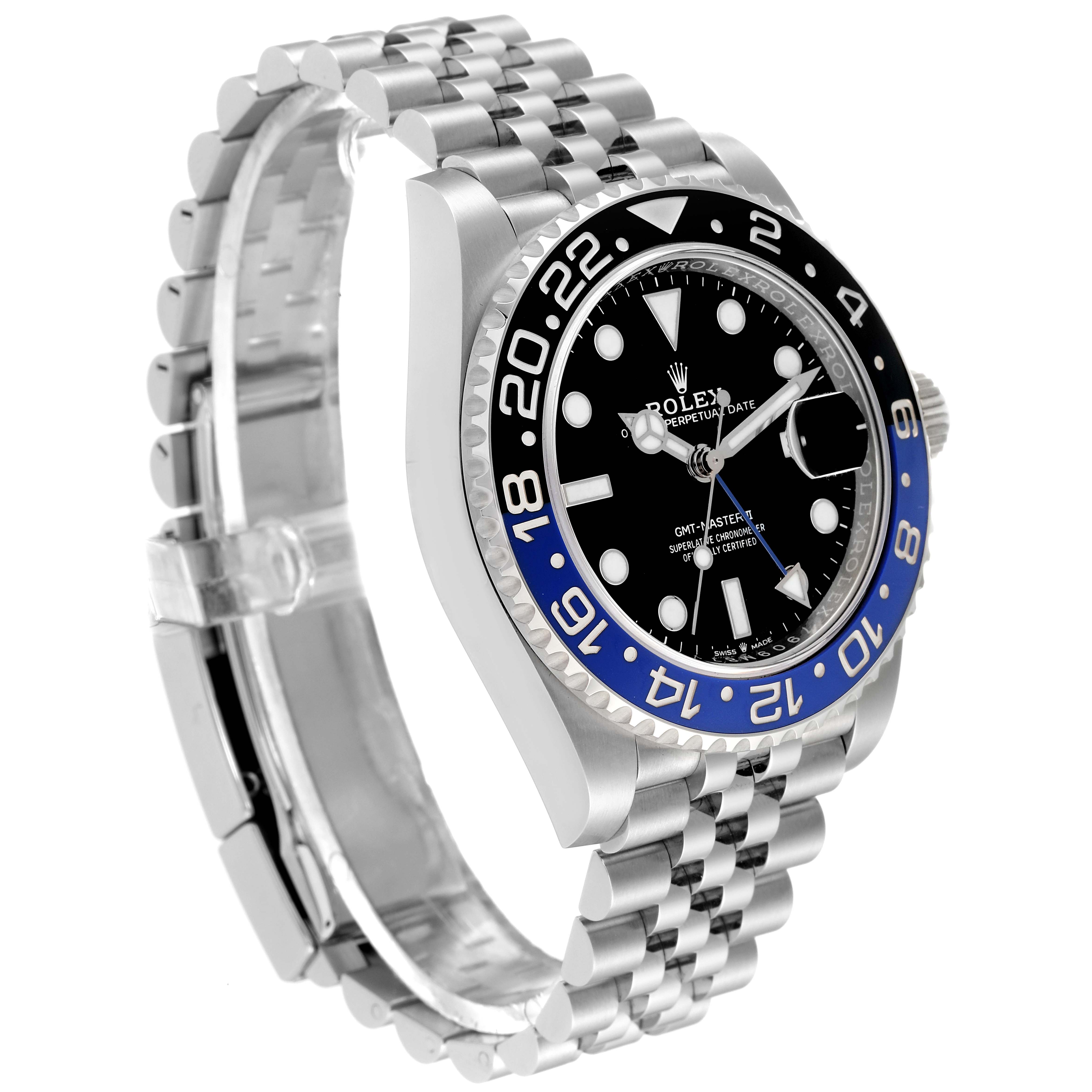 The image shows a side angle of a Rolex GMT-Master 126710 Men
s Stainless Steel Black Dial 126710 Men
s Stainless Steel Black Dial watch, highlighting the bezel, dial, and Jubilee bracelet.