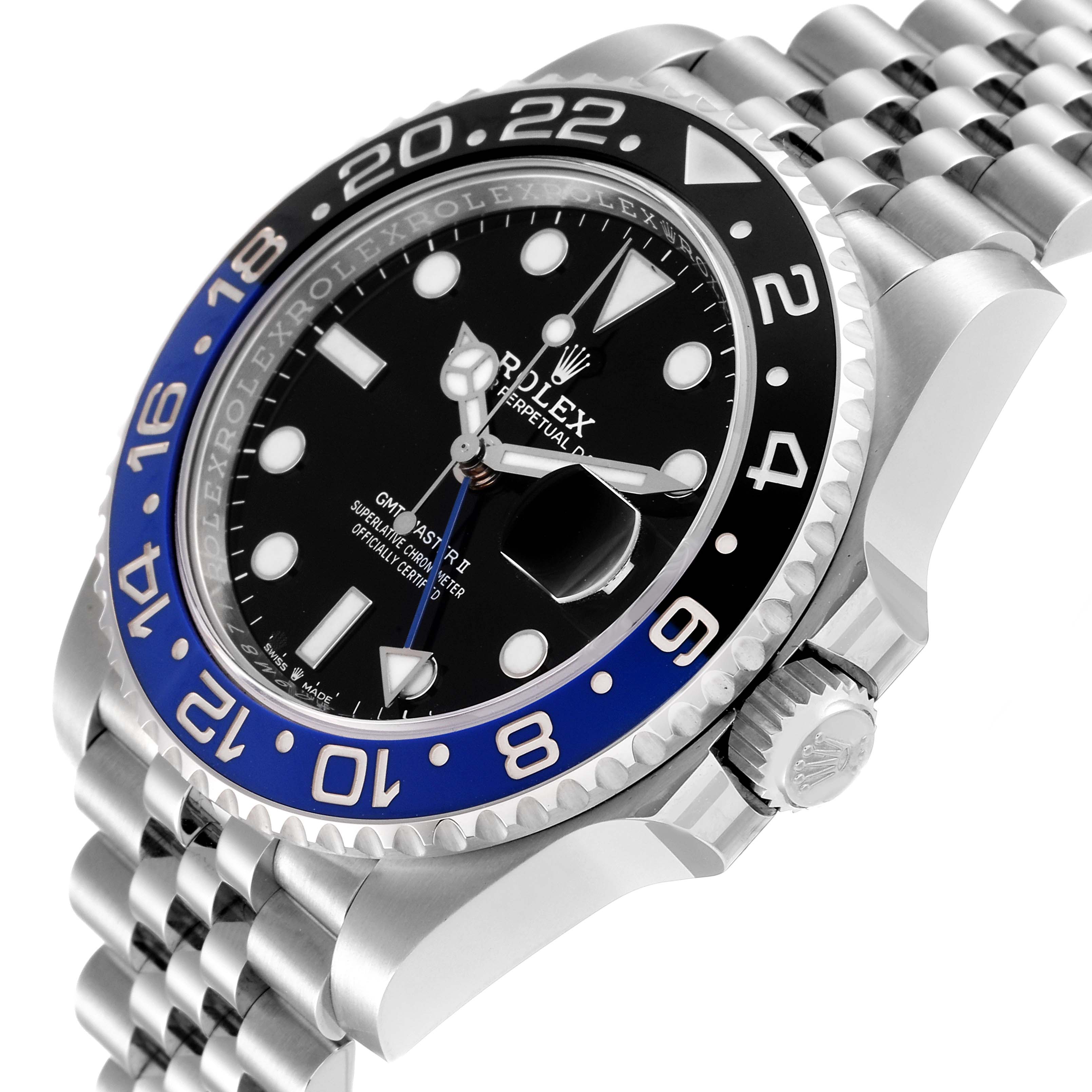 This image shows a Rolex GMT-Master 126710 Men
s Stainless Steel Black Dial 126710 Men
s Stainless Steel Black Dial II watch from an angled close-up, showcasing the dial, bezel, and part of the bracelet.