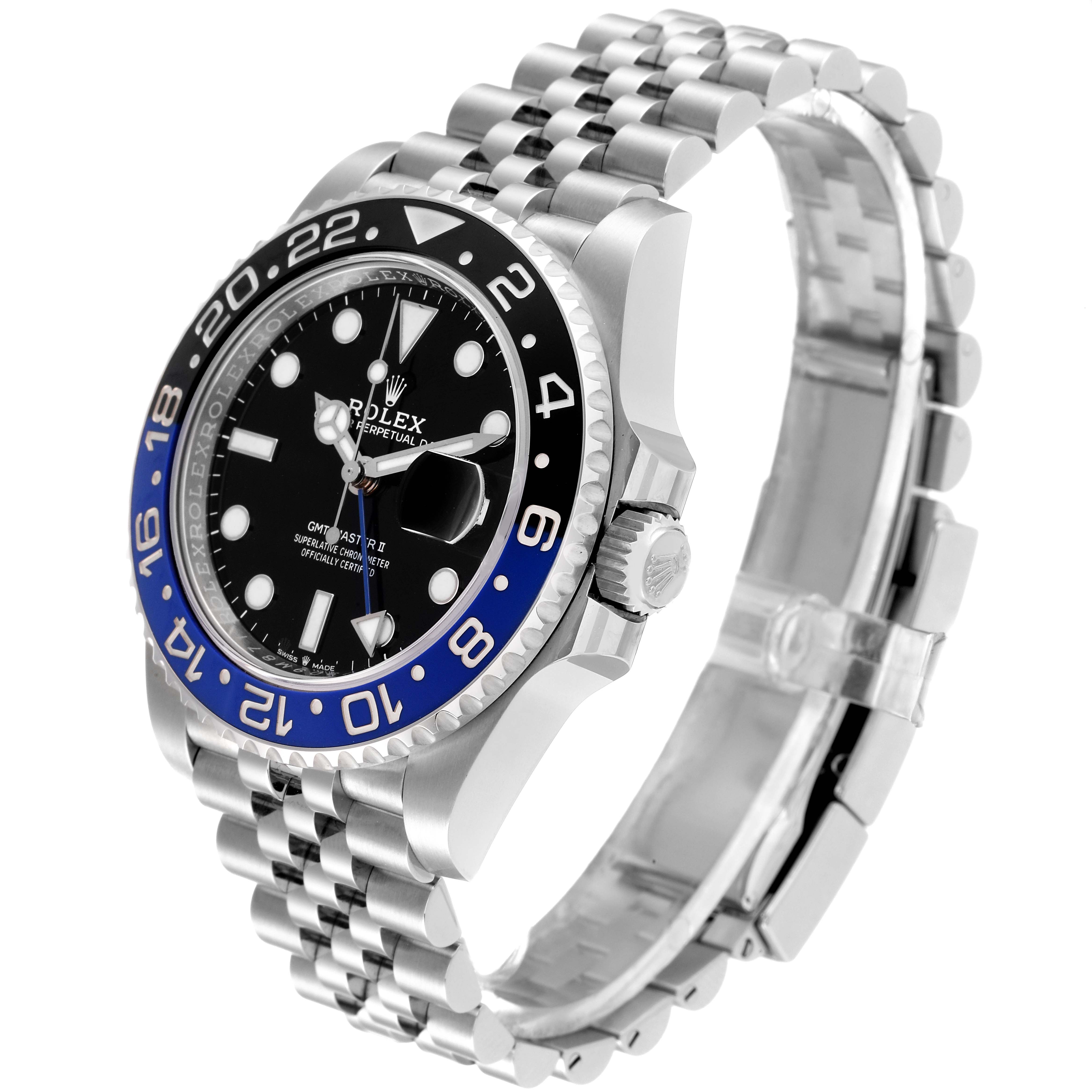 The Rolex GMT-Master 126710 Men
s Stainless Steel Black Dial 126710 Men
s Stainless Steel Black Dial watch is shown at a slight angle, showcasing its face, bezel, crown, and metal bracelet.