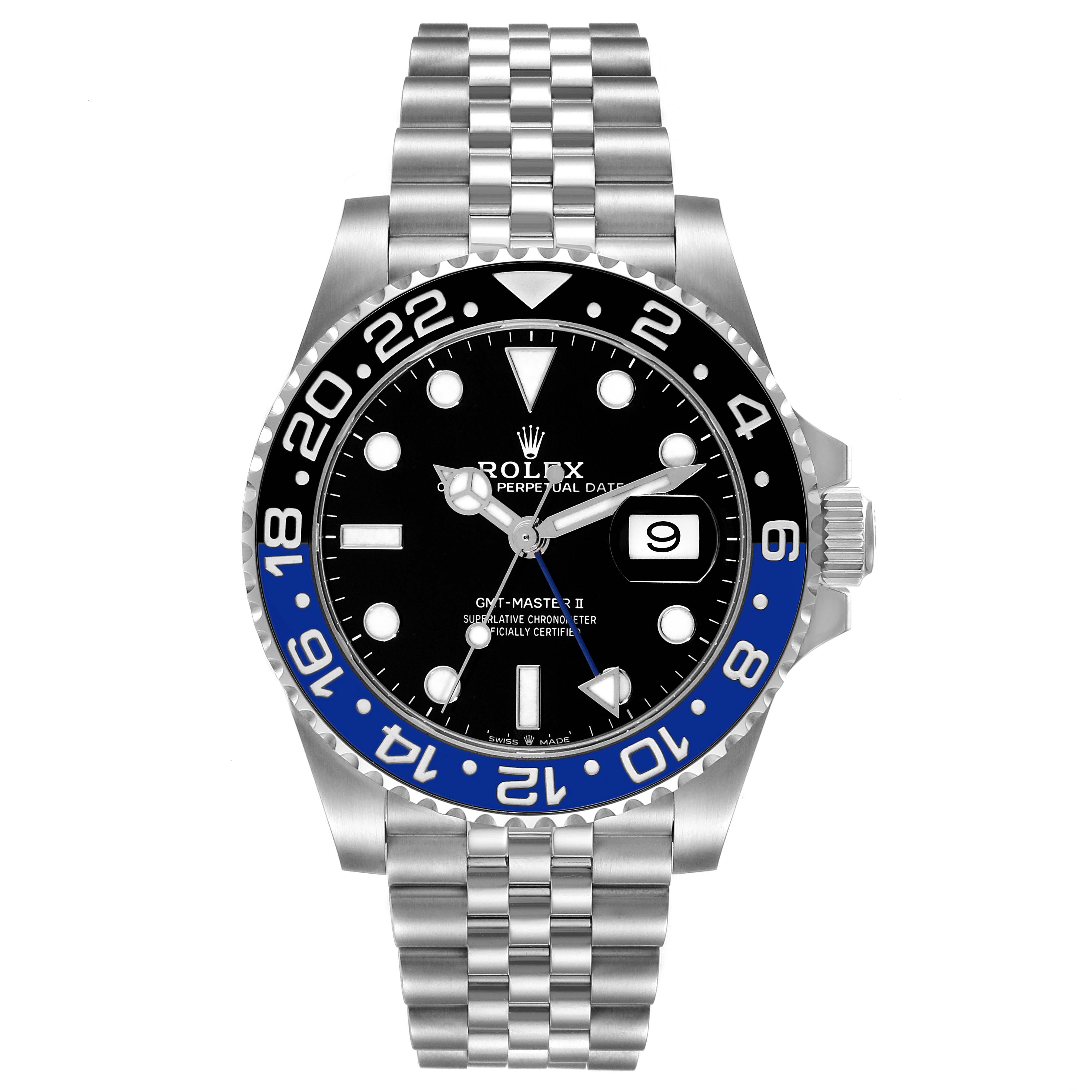 This is a front view of a Rolex GMT-Master 126710 Men
s Stainless Steel Black Dial 126710 Men
s Stainless Steel Black Dial watch showing the dial, bezel, and bracelet.
