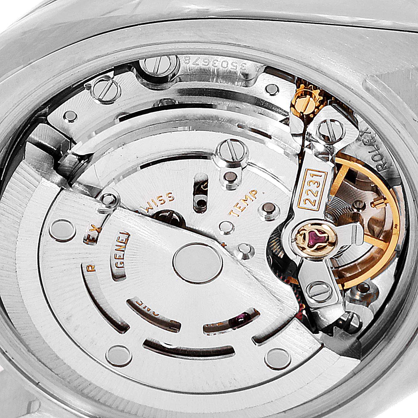 This close-up image of the Rolex Oyster Perpetual 176234 Women's Stainless Steel Silver Dial 176234 Women's Stainless Steel Silver Dial watch showcases its mechanical movement and intricate internal parts.