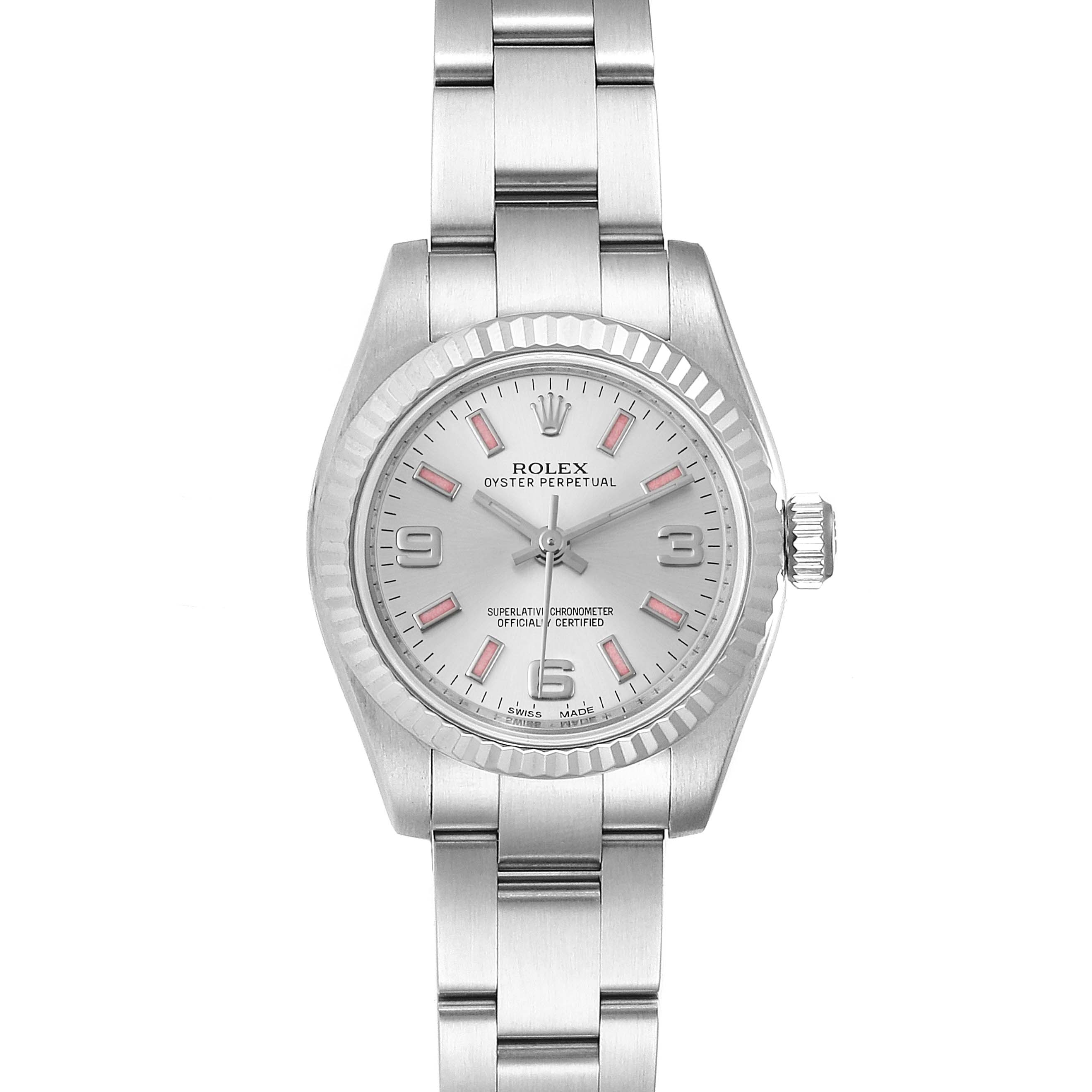 The image shows a front view of the Rolex Oyster Perpetual 176234 Women's Stainless Steel Silver Dial 176234 Women's Stainless Steel Silver Dial watch, displaying the dial, bezel, and bracelet.