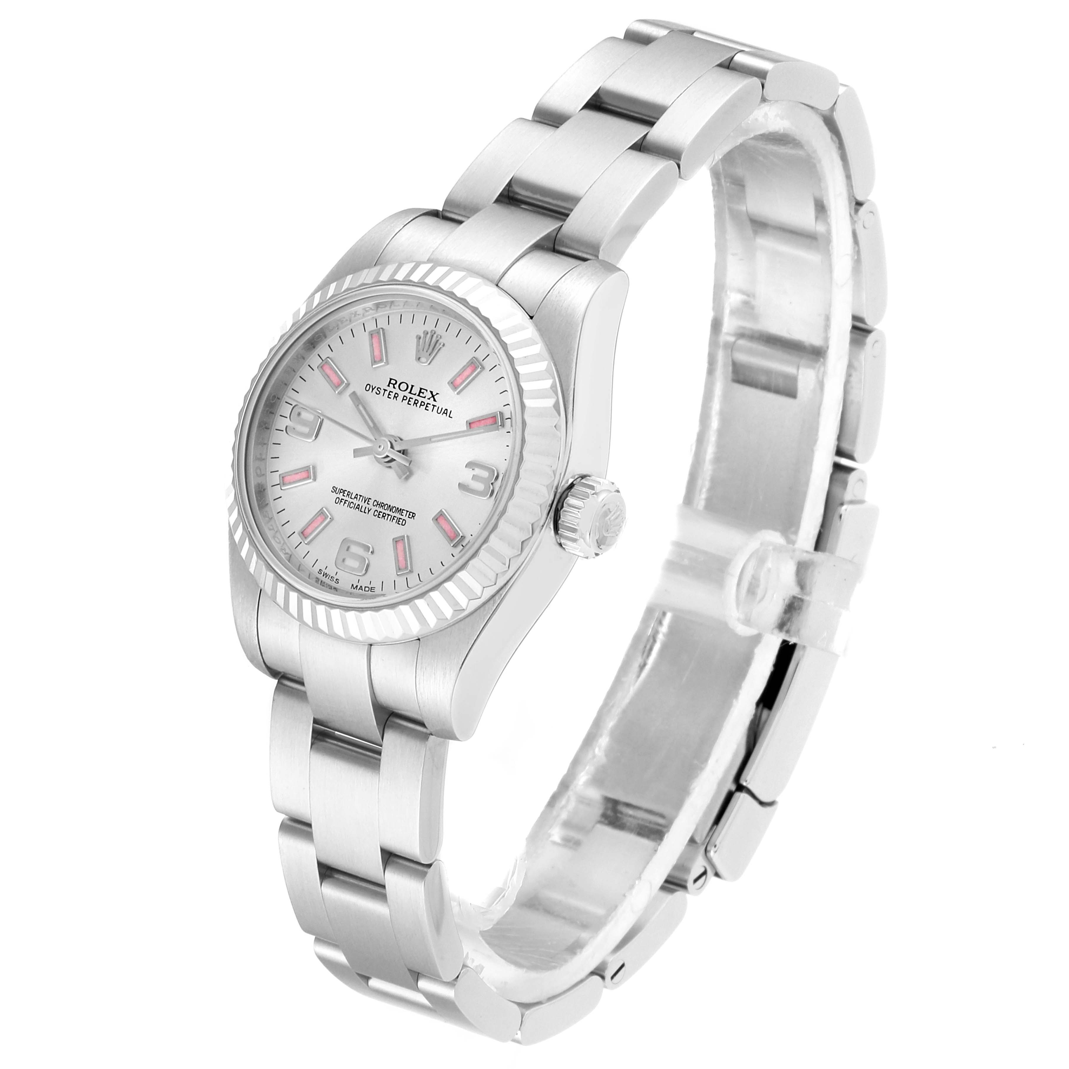 This image shows the Rolex Oyster Perpetual 176234 Women's Stainless Steel Silver Dial 176234 Women's Stainless Steel Silver Dial watch at a side angle, highlighting the bracelet, dial, bezel, and crown.