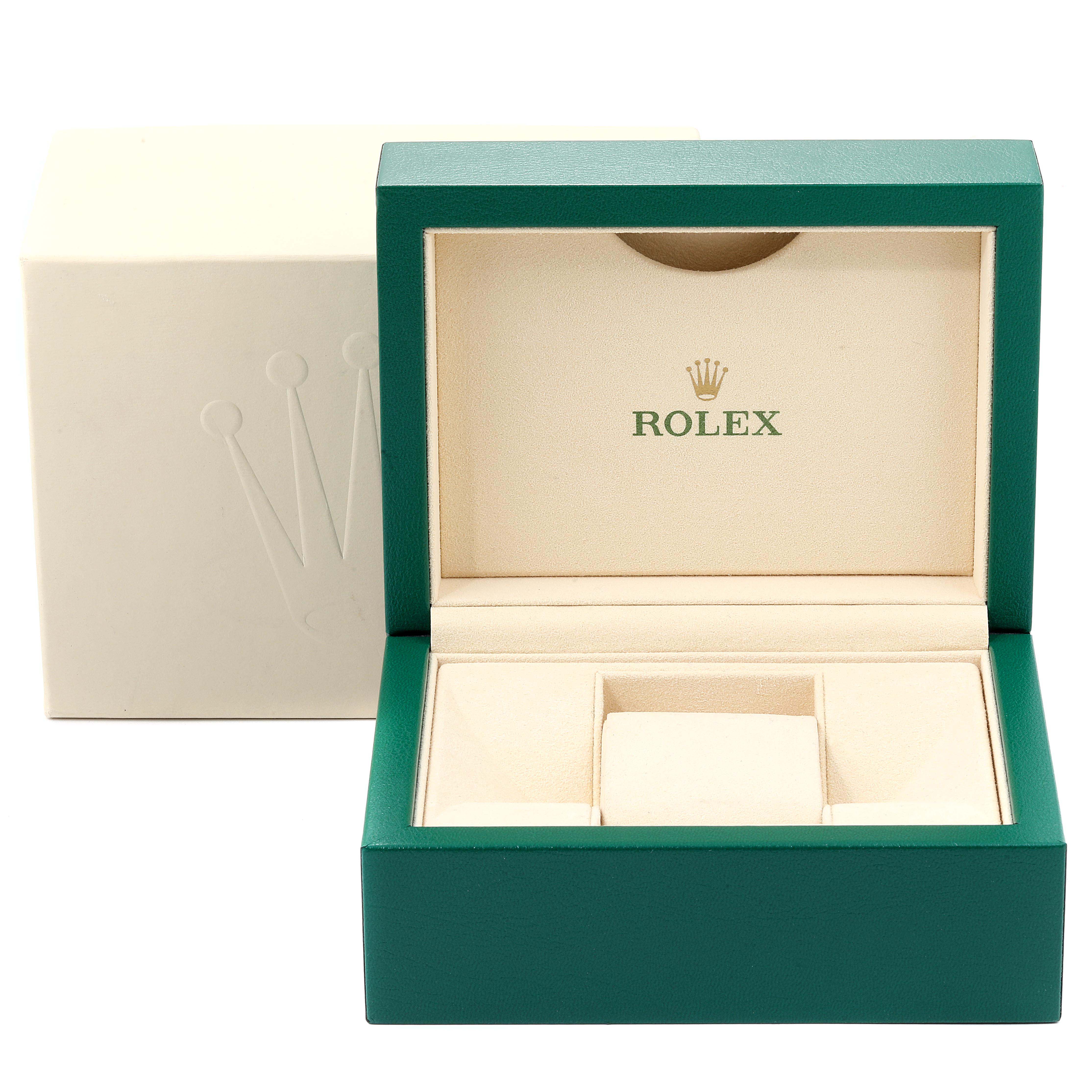The image shows an open Rolex Oyster Perpetual 176234 Women's Stainless Steel Silver Dial 176234 Women's Stainless Steel Silver Dial watch box with its exterior box in the background.