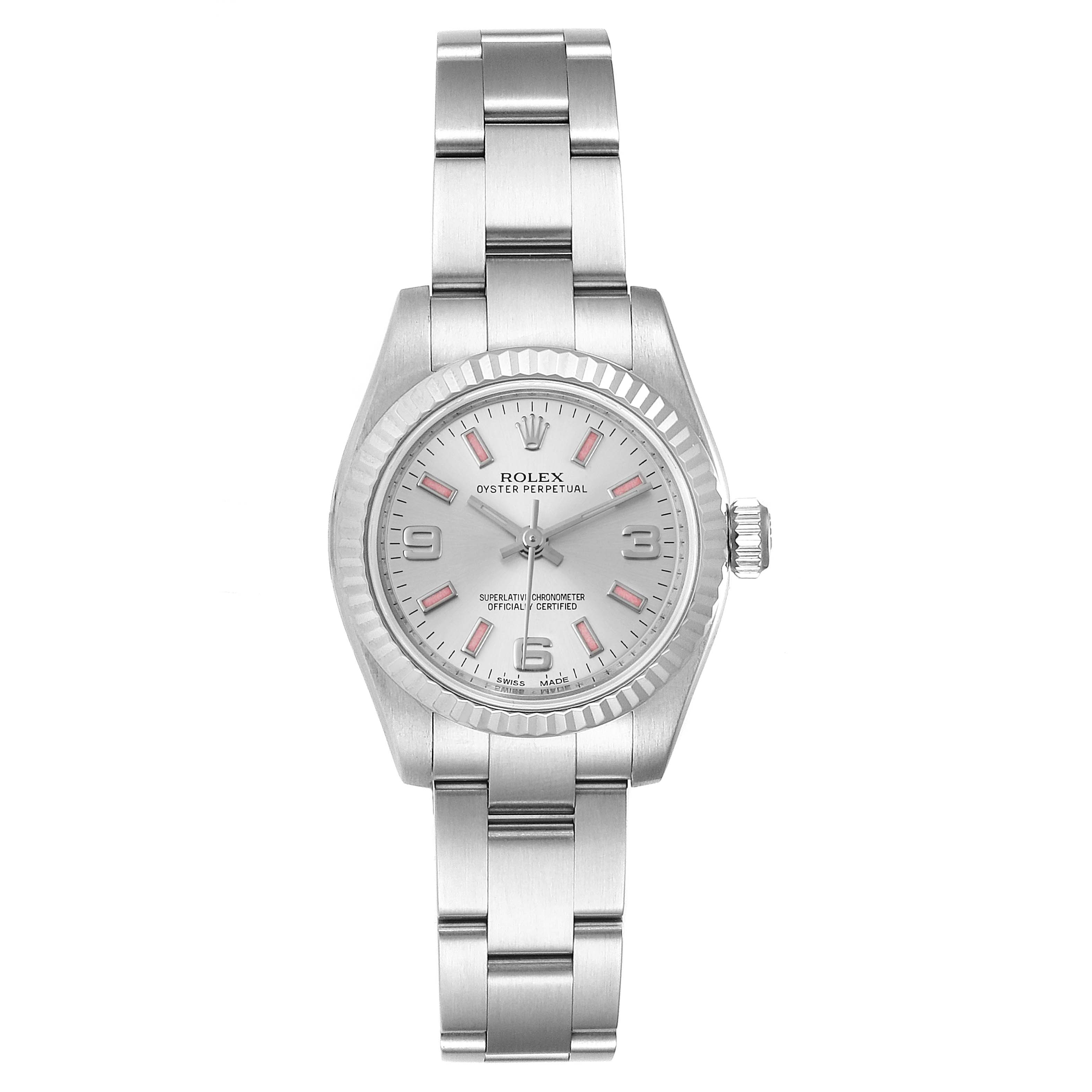 The image shows a front view of the Rolex Oyster Perpetual 176234 Women's Stainless Steel Silver Dial 176234 Women's Stainless Steel Silver Dial watch, displaying its face, bezel, and metal bracelet.