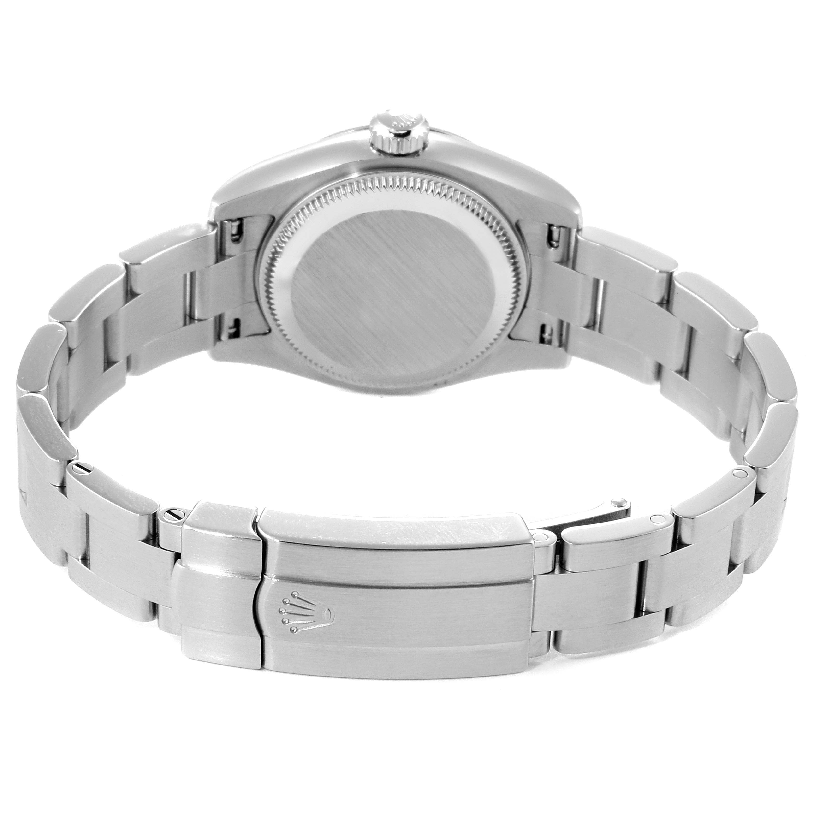 The image shows the back view of a Rolex Oyster Perpetual 176234 Women's Stainless Steel Silver Dial 176234 Women's Stainless Steel Silver Dial watch, highlighting its bracelet and closed clasp.