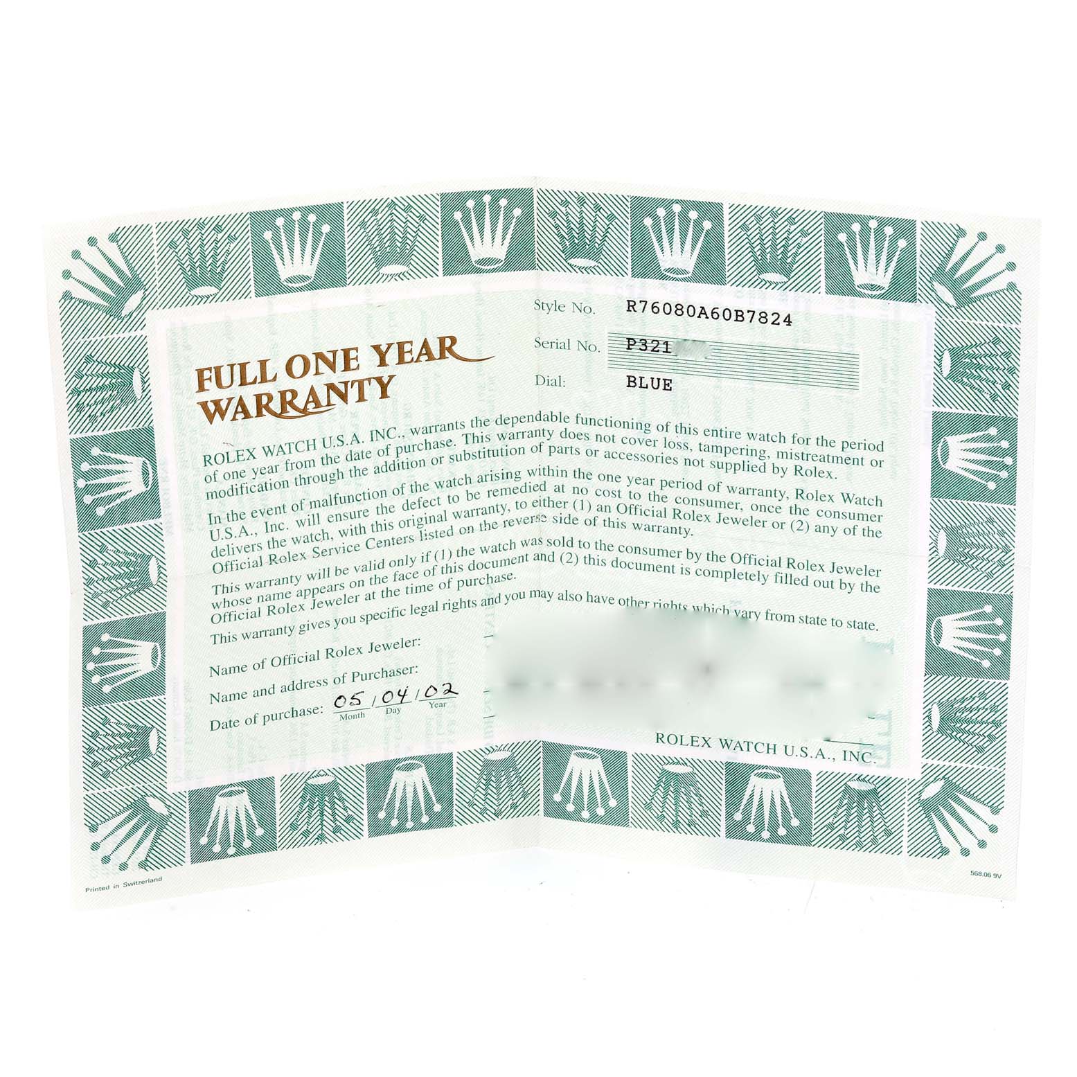 This image shows the full one-year warranty card for the Rolex Oyster Perpetual 76080 Women's Stainless Steel Blue Dial 76080 Women's Stainless Steel Blue Dial watch model.