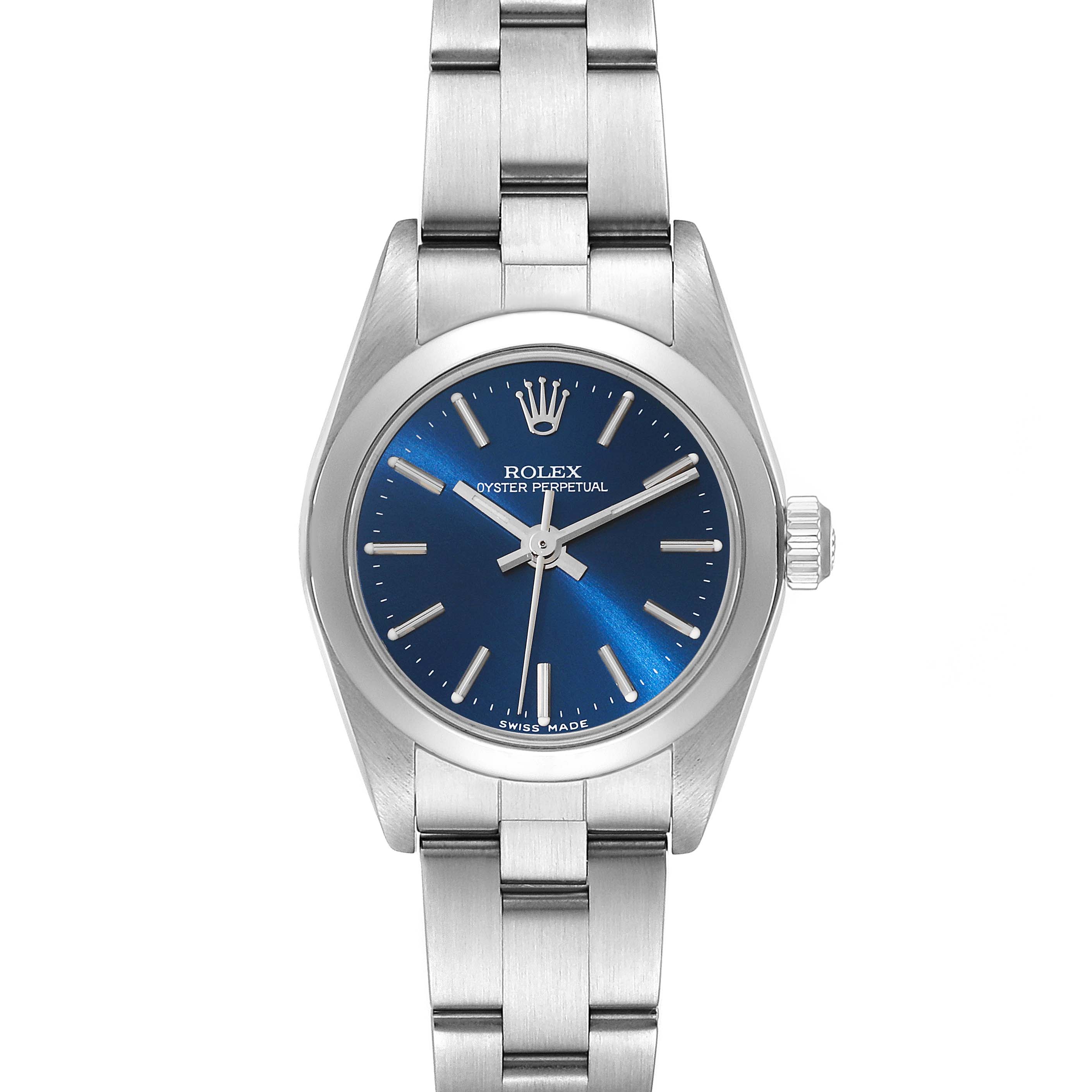 The Rolex Oyster Perpetual 76080 Women's Stainless Steel Blue Dial 76080 Women's Stainless Steel Blue Dial watch is shown from the front, featuring a blue dial and silver stainless steel bracelet.