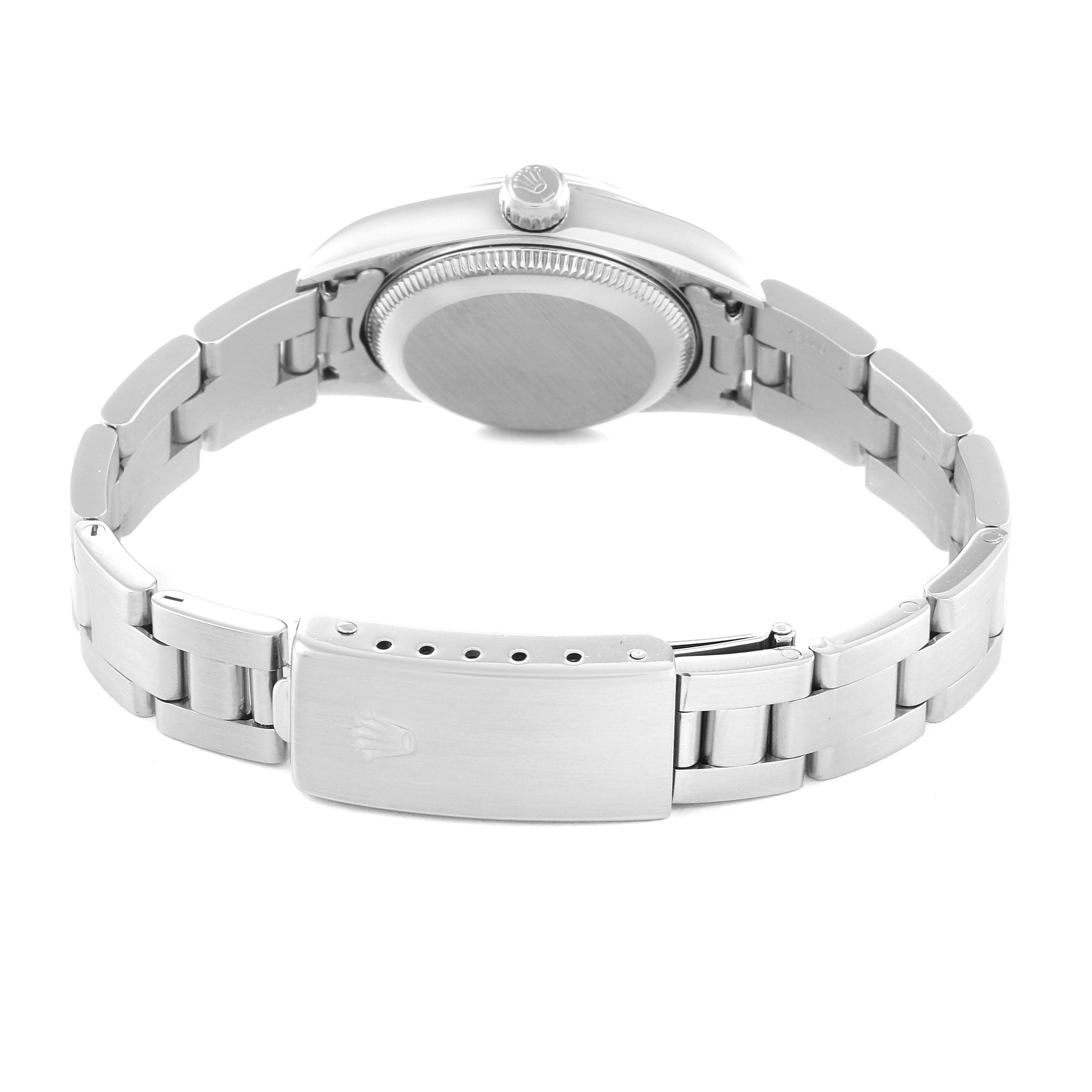 This image shows the back view of a Rolex Oyster Perpetual 76080 Women's Stainless Steel Blue Dial 76080 Women's Stainless Steel Blue Dial watch, highlighting the clasp and rear case.