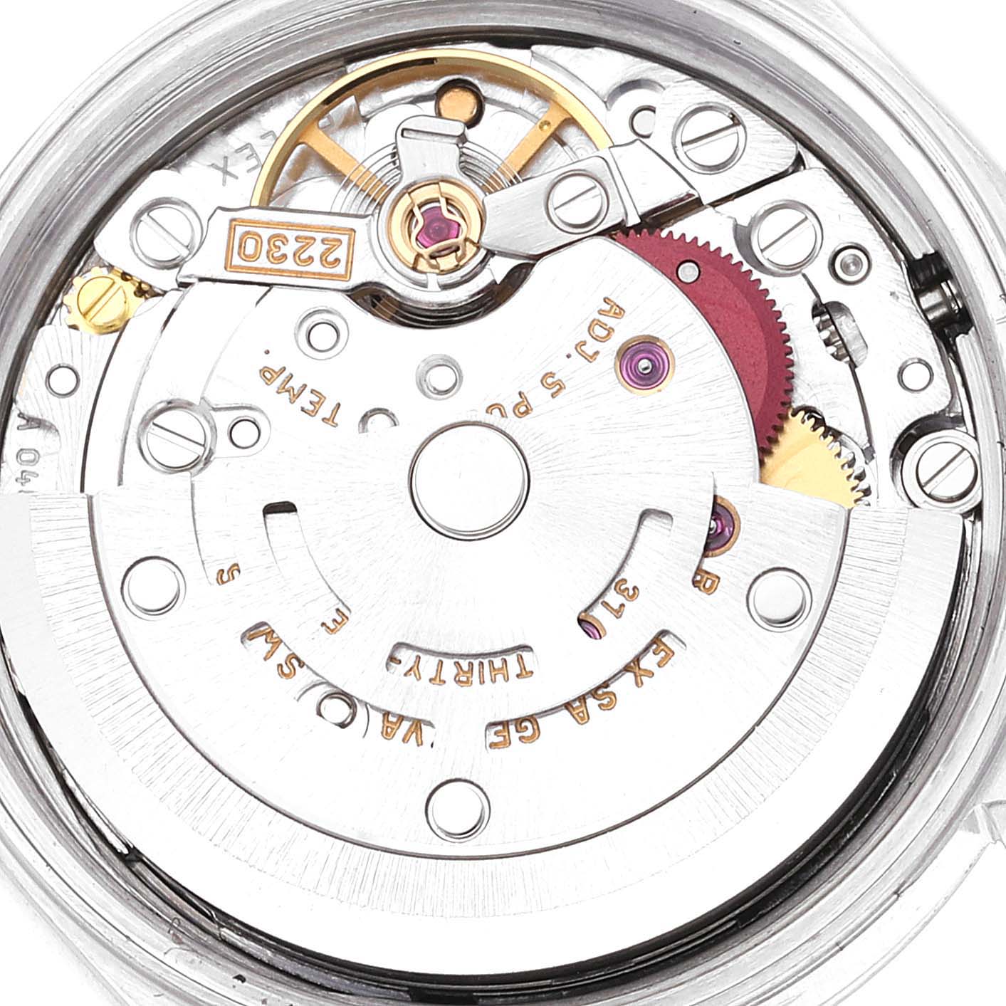 The image shows the detailed inner mechanism and movement of a Rolex Oyster Perpetual 76080 Women's Stainless Steel Blue Dial 76080 Women's Stainless Steel Blue Dial watch.