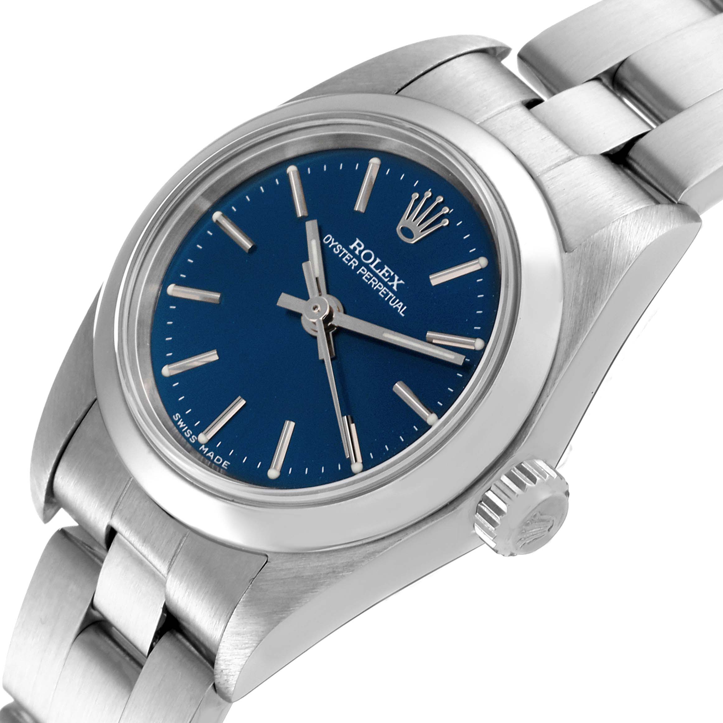 The image shows a Rolex Oyster Perpetual 76080 Women's Stainless Steel Blue Dial 76080 Women's Stainless Steel Blue Dial watch at an angled view displaying the face, crown, and part of the bracelet.