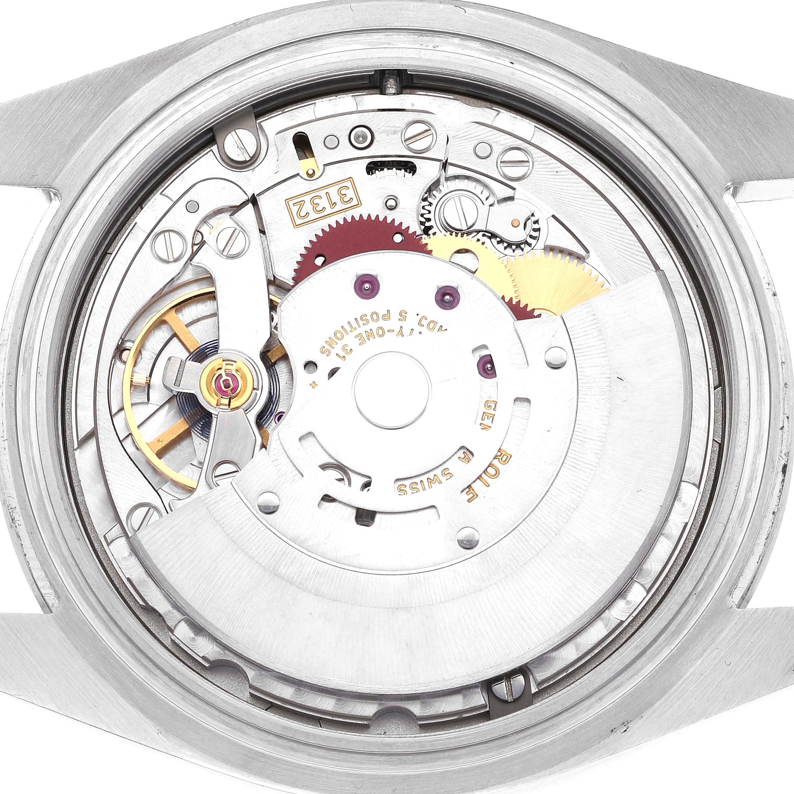 This image shows the inner mechanical movement of a Rolex Oyster Perpetual 114300 Men's Stainless Steel Blue Dial 114300 Men's Stainless Steel Blue Dial watch, viewed from the back with the case removed.