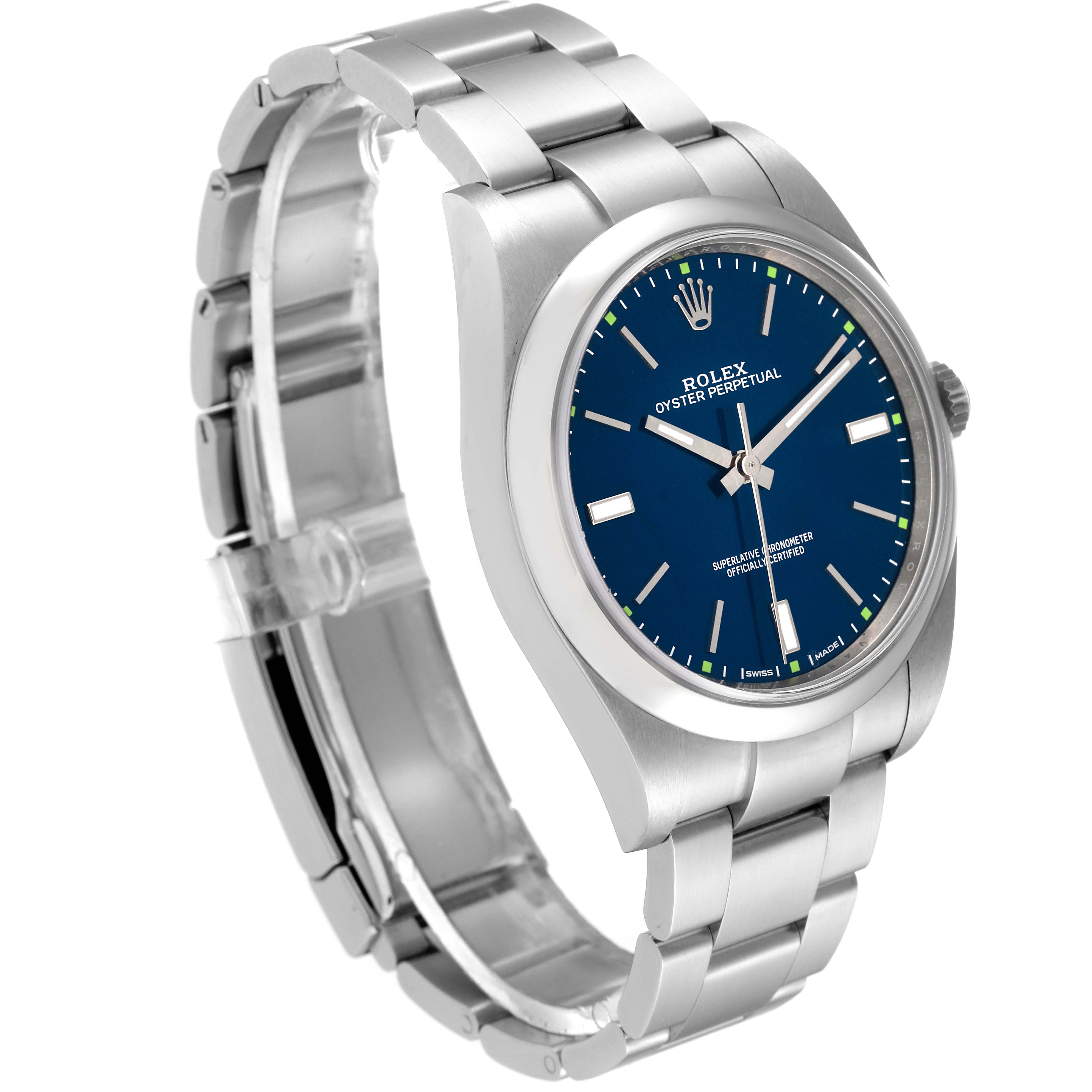 This image shows a side angle of the Rolex Oyster Perpetual 114300 Men's Stainless Steel Blue Dial 114300 Men's Stainless Steel Blue Dial watch, displaying its blue dial, case, crown, bracelet, and clasp.