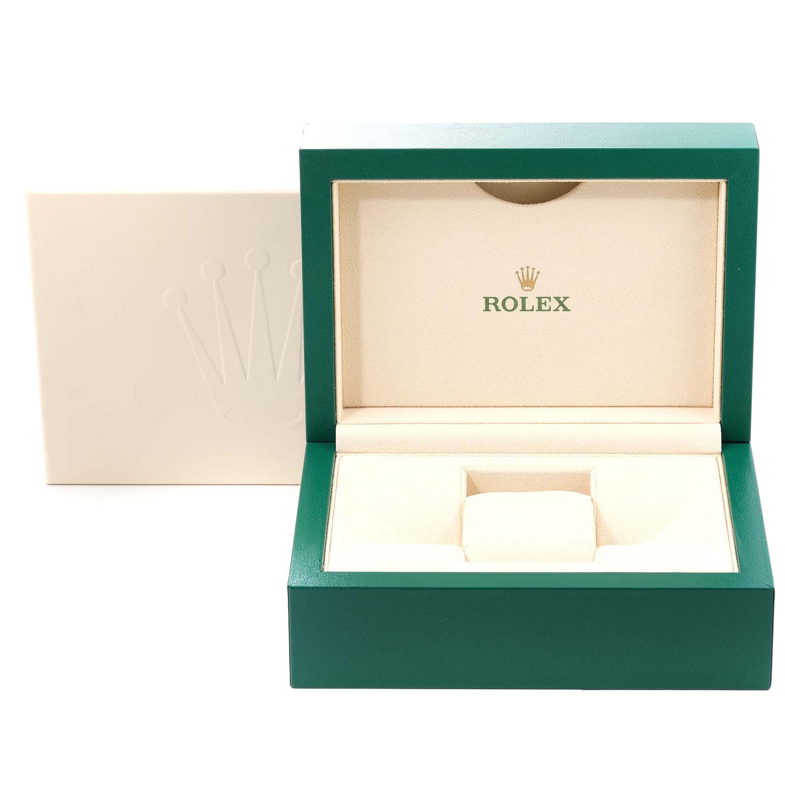 The image shows an open green and beige Rolex box for the Oyster Perpetual watch, with the logo and placeholder for the watch.