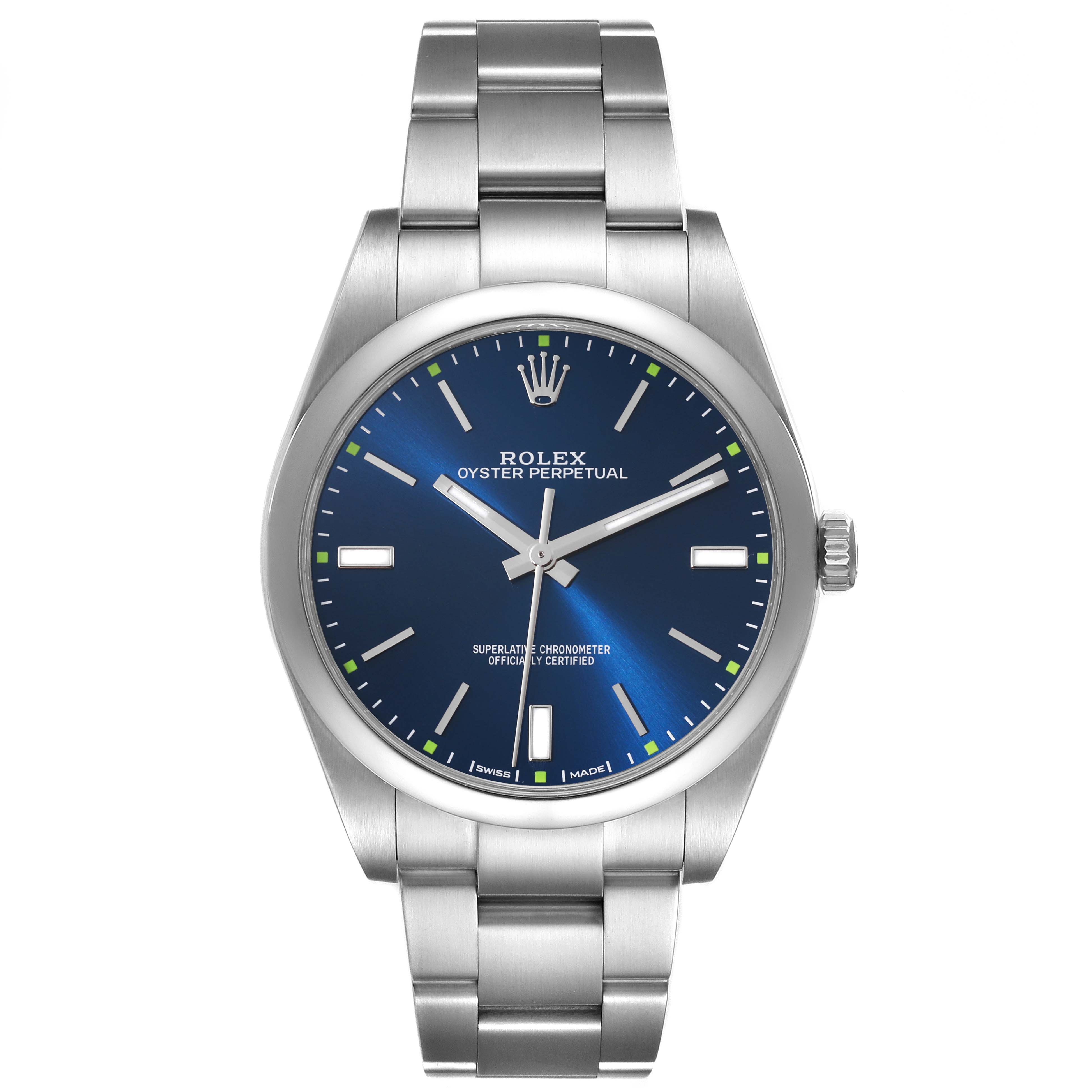 This Rolex Oyster Perpetual 114300 Men's Stainless Steel Blue Dial 114300 Men's Stainless Steel Blue Dial watch is shown from the front, displaying the dial, case, and bracelet.
