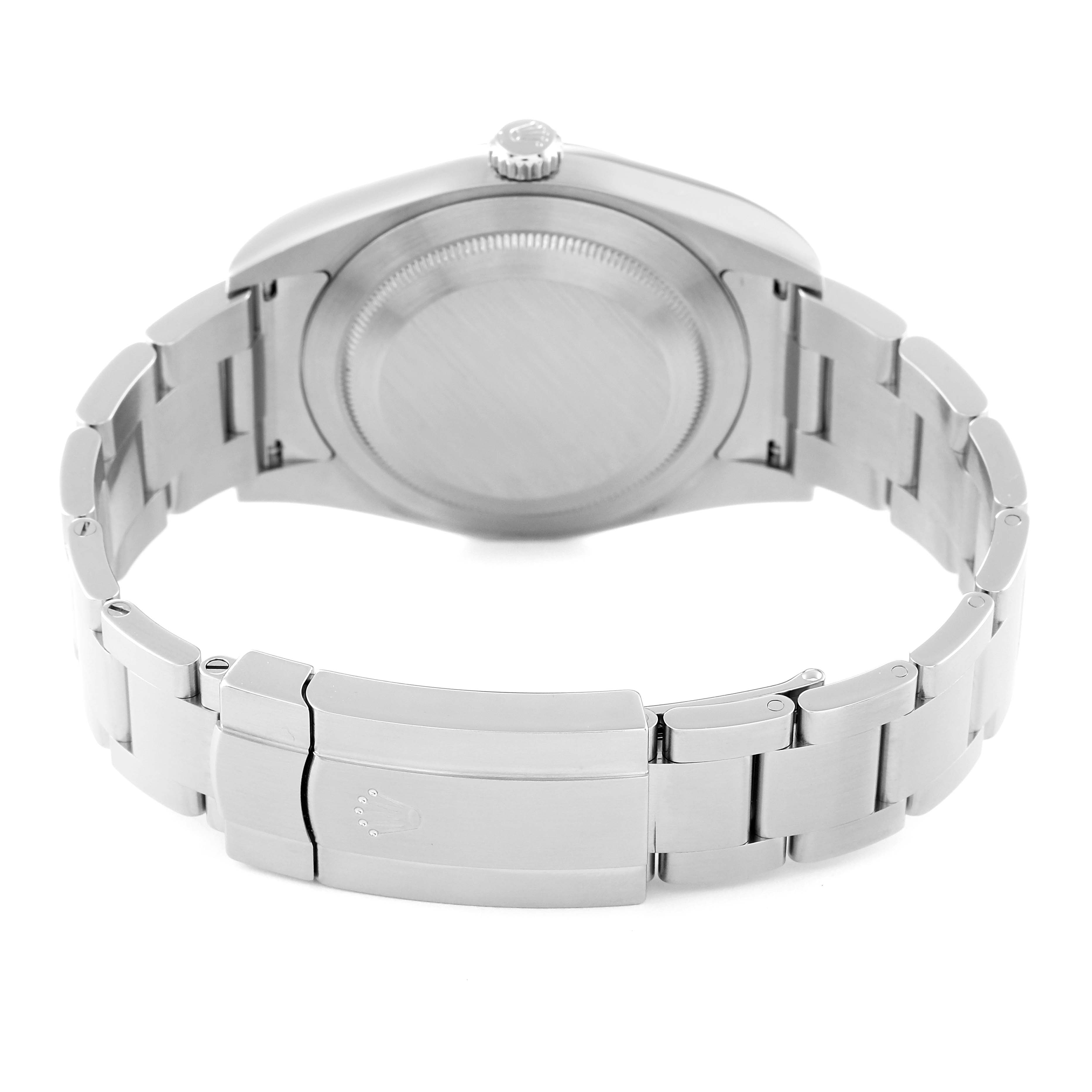 The image shows the back and bracelet of a Rolex Oyster Perpetual 114300 Men's Stainless Steel Blue Dial 114300 Men's Stainless Steel Blue Dial watch, highlighting the case back and clasp.