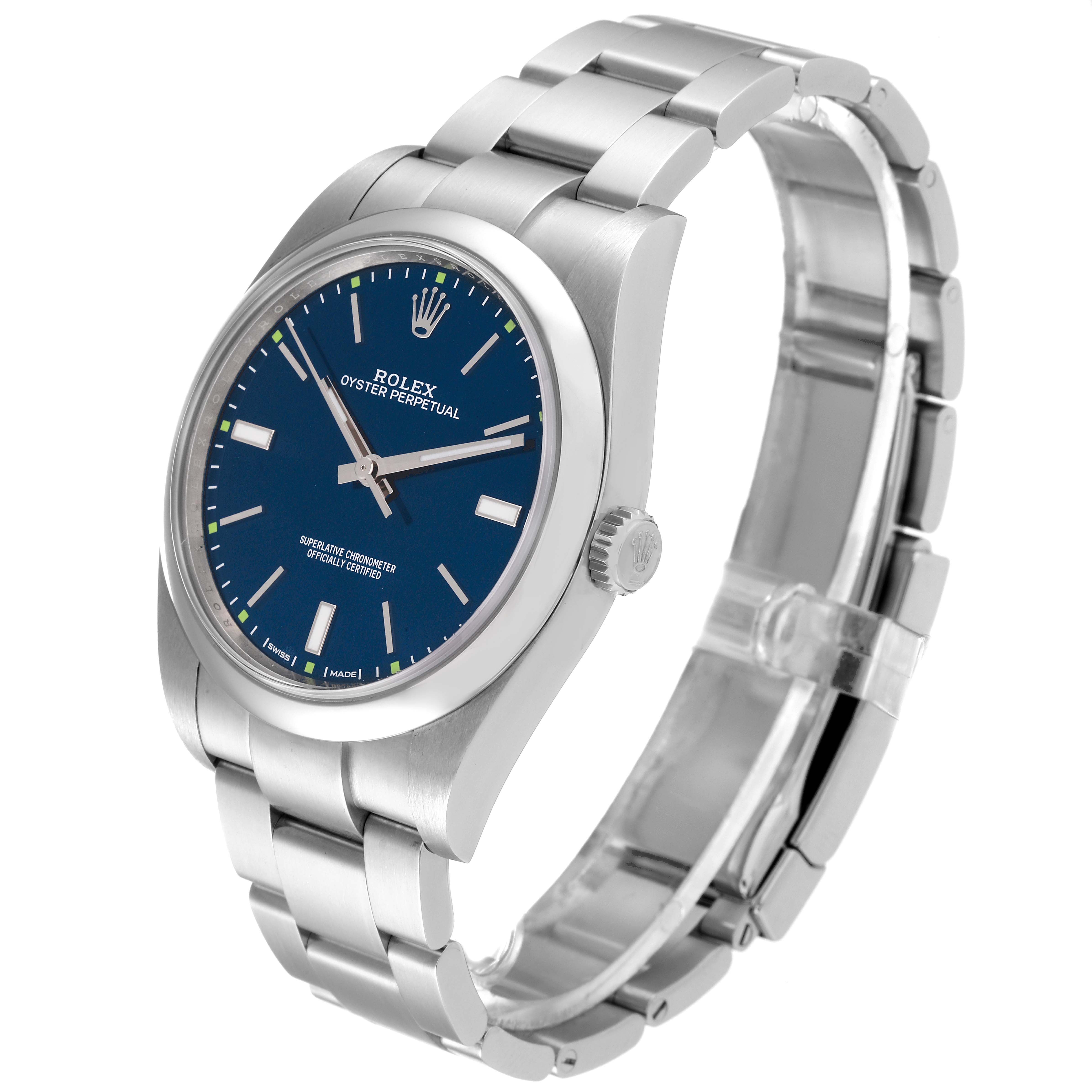 This image shows a Rolex Oyster Perpetual 114300 Men's Stainless Steel Blue Dial 114300 Men's Stainless Steel Blue Dial watch at a three-quarter angle, highlighting the blue dial, stainless steel case, and bracelet.
