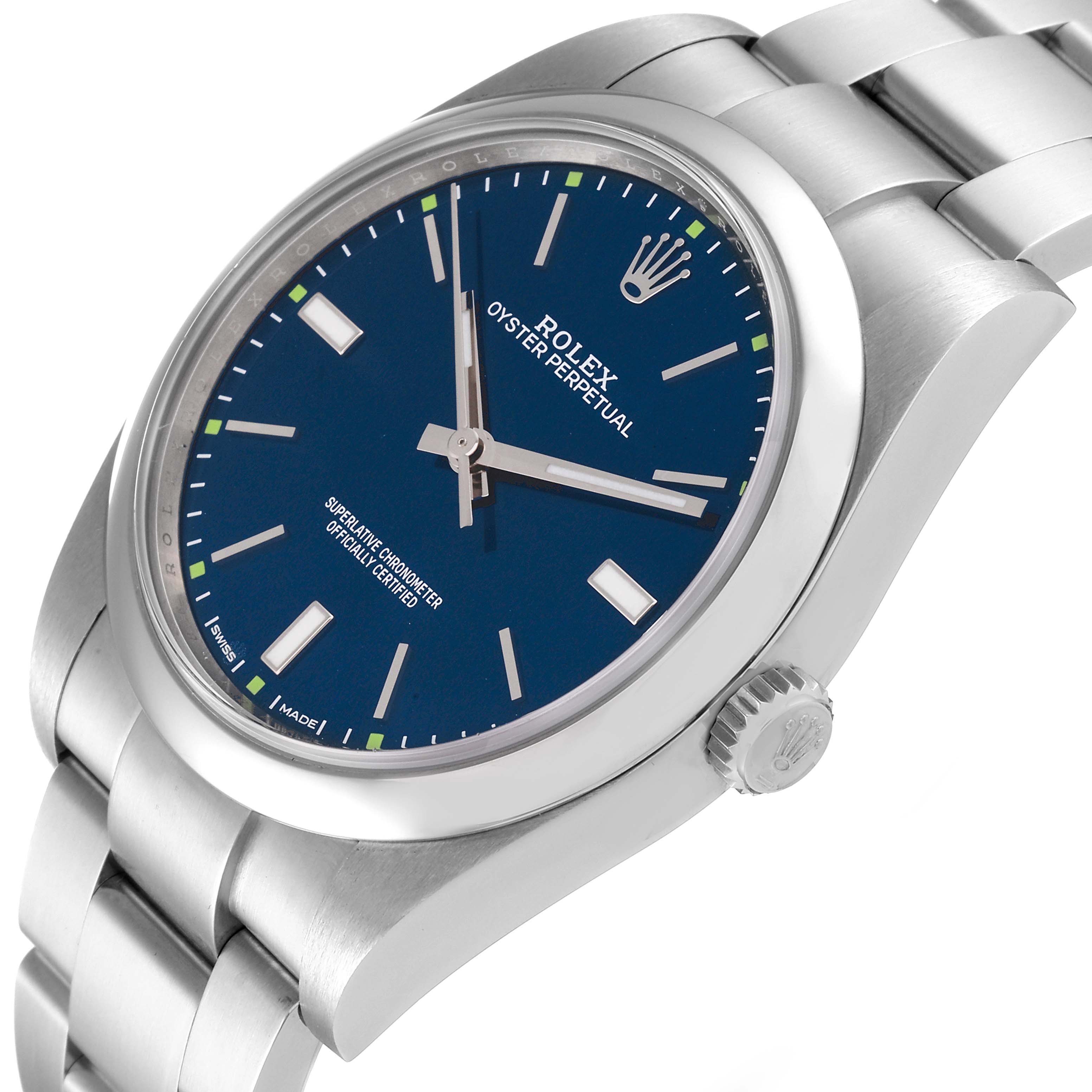 This image shows the Rolex Oyster Perpetual 114300 Men's Stainless Steel Blue Dial 114300 Men's Stainless Steel Blue Dial watch at a slight angle, highlighting the face, dial, crown, and part of the bracelet.