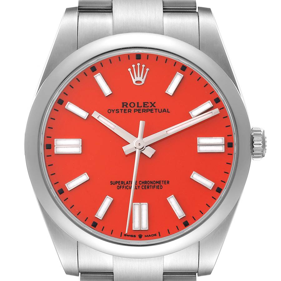 This image shows a front view of the Rolex Oyster Perpetual watch, featuring an orange dial and stainless steel bracelet.